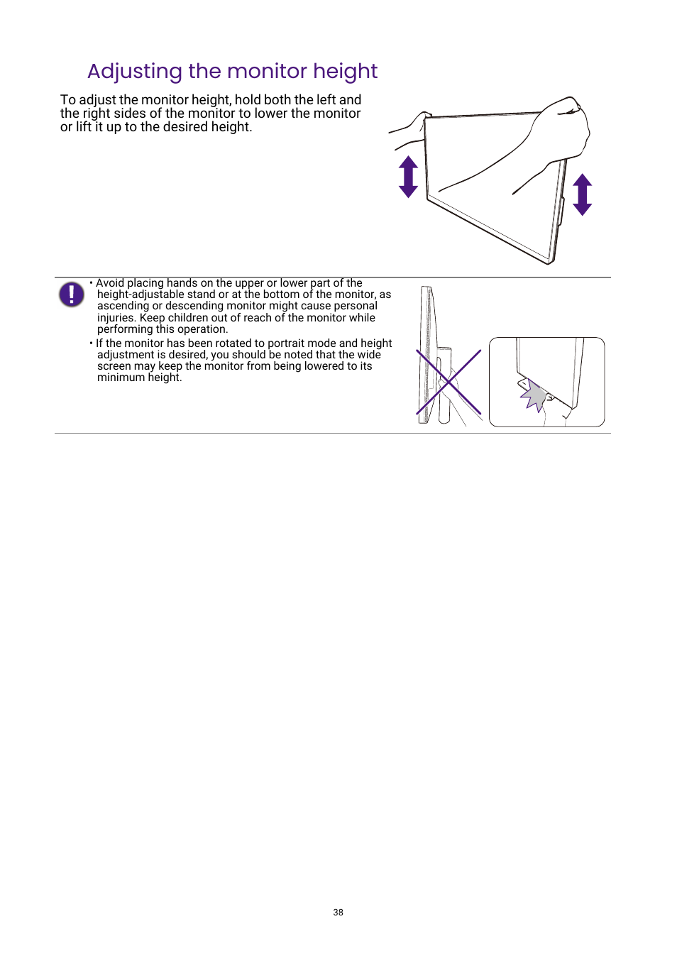 Adjusting the monitor height | BenQ DesignVue PD2705UA 27" 4K HDR Monitor with Ergo Stand User Manual | Page 38 / 75