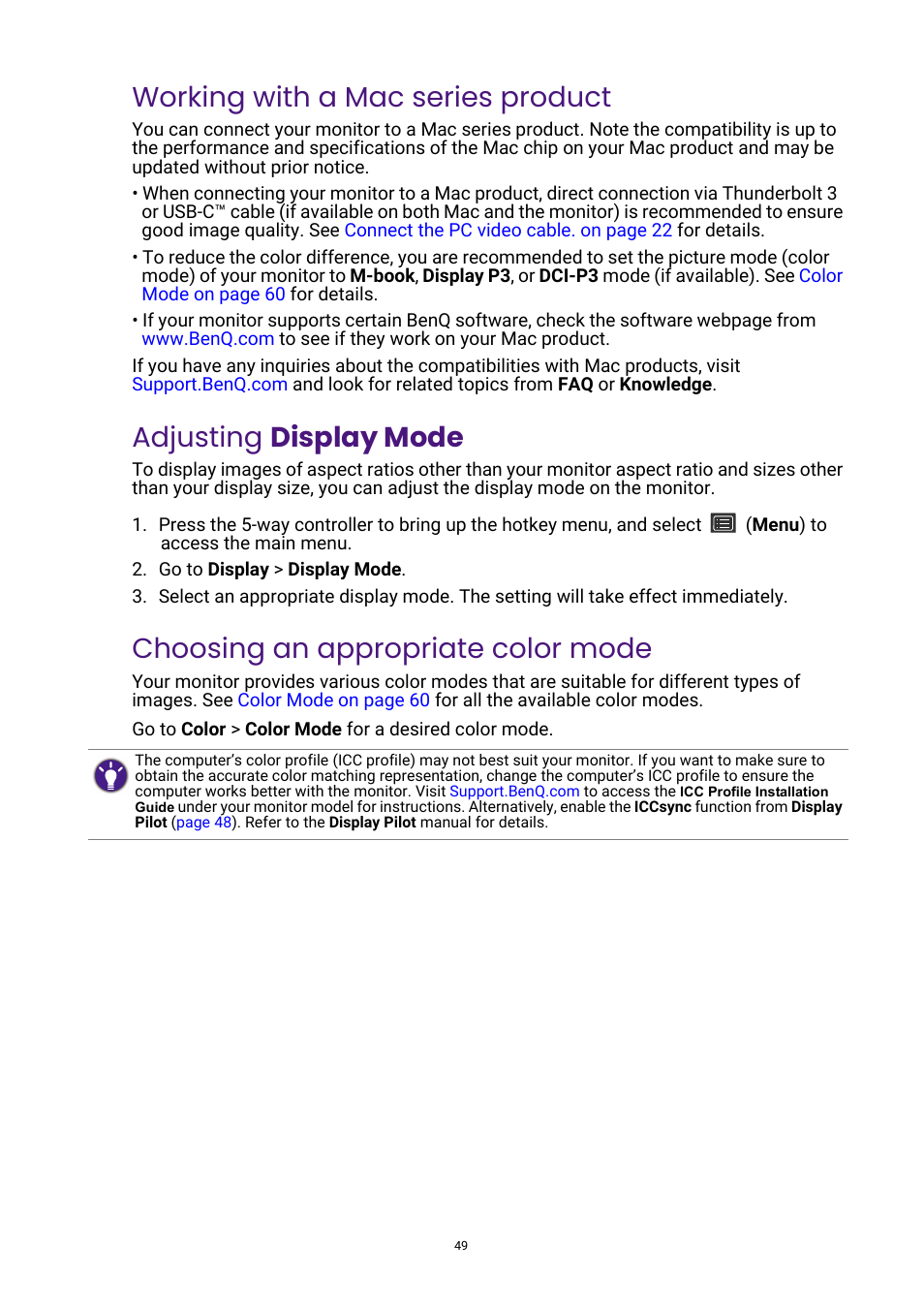 Working with a mac series product, Adjusting display mode, Choosing an appropriate color mode | Working with a mac series product adjusting, Display mode | BenQ DesignVue PD2705UA 27" 4K HDR Monitor with Ergo Stand User Manual | Page 49 / 75