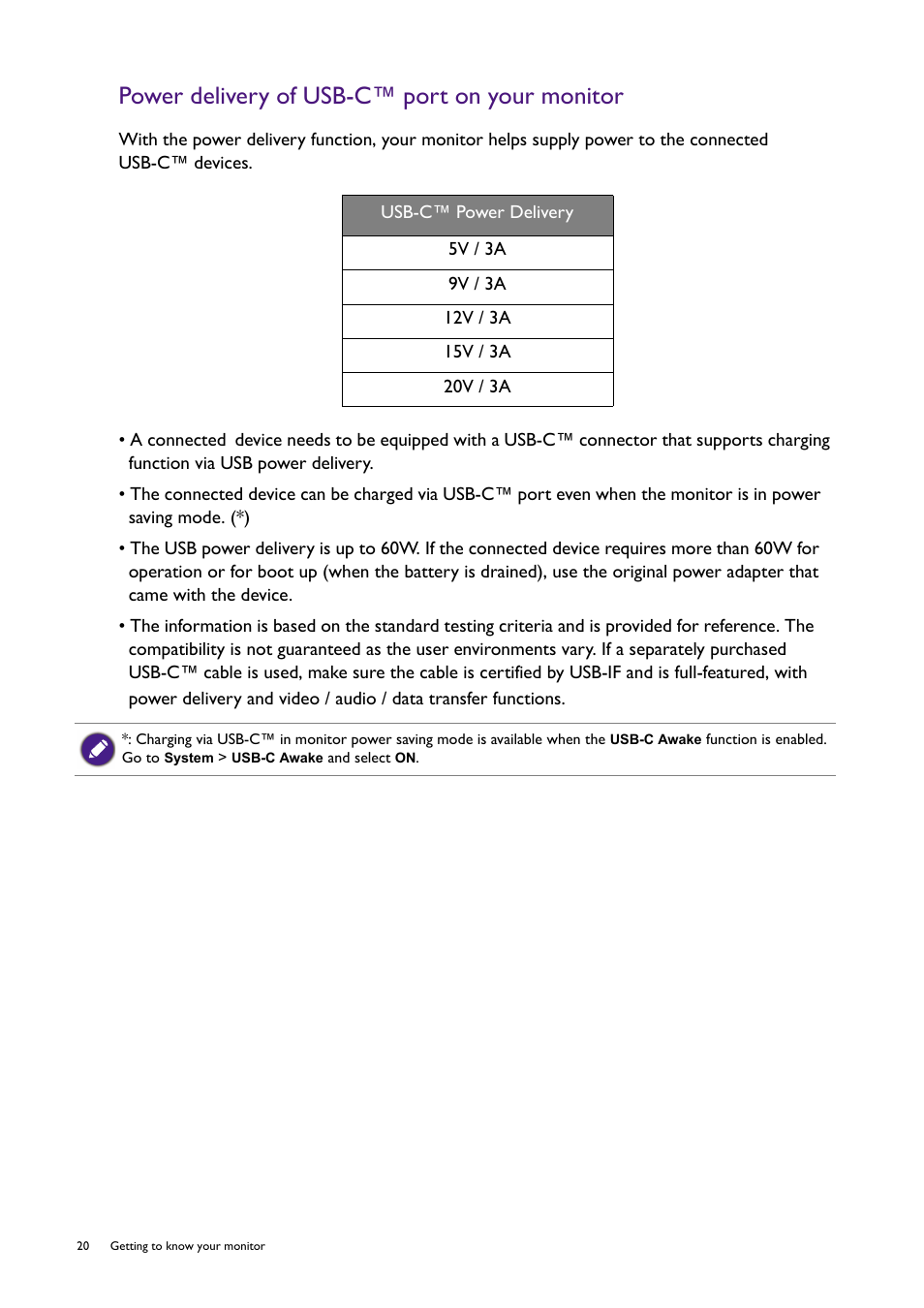 Power delivery of usb-c™ port on your monitor | BenQ SW321C 32" 16:9 4K HDR IPS Photo and Video Editing Monitor User Manual | Page 20 / 70
