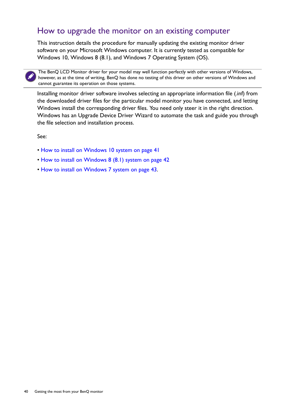 How to upgrade the monitor on an existing computer | BenQ SW321C 32" 16:9 4K HDR IPS Photo and Video Editing Monitor User Manual | Page 40 / 70