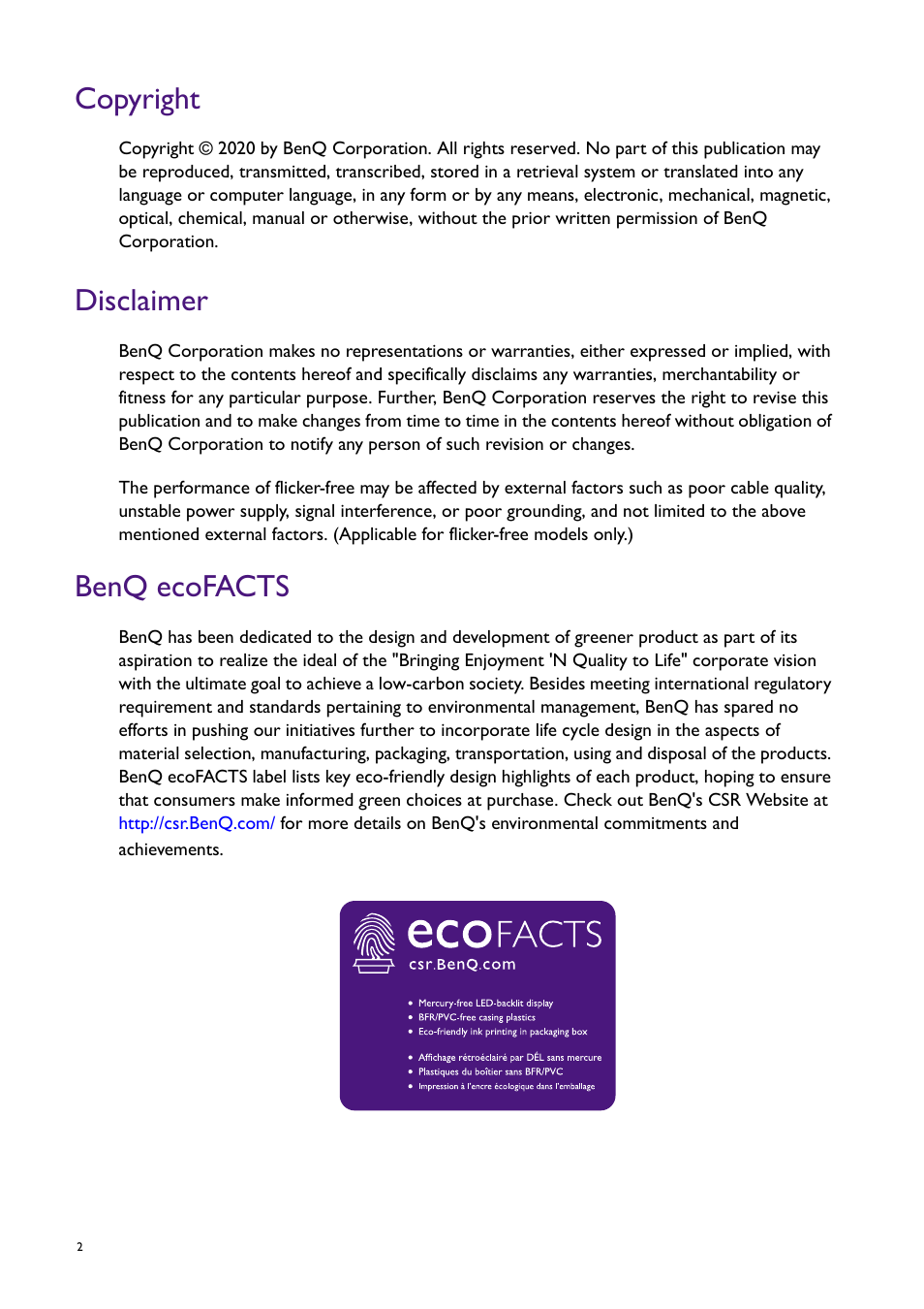 Copyright, Disclaimer, Benq ecofacts | BenQ PD2725U DesignVue Designer 27" 16:9 HDR 4K IPS Monitor User Manual | Page 2 / 80