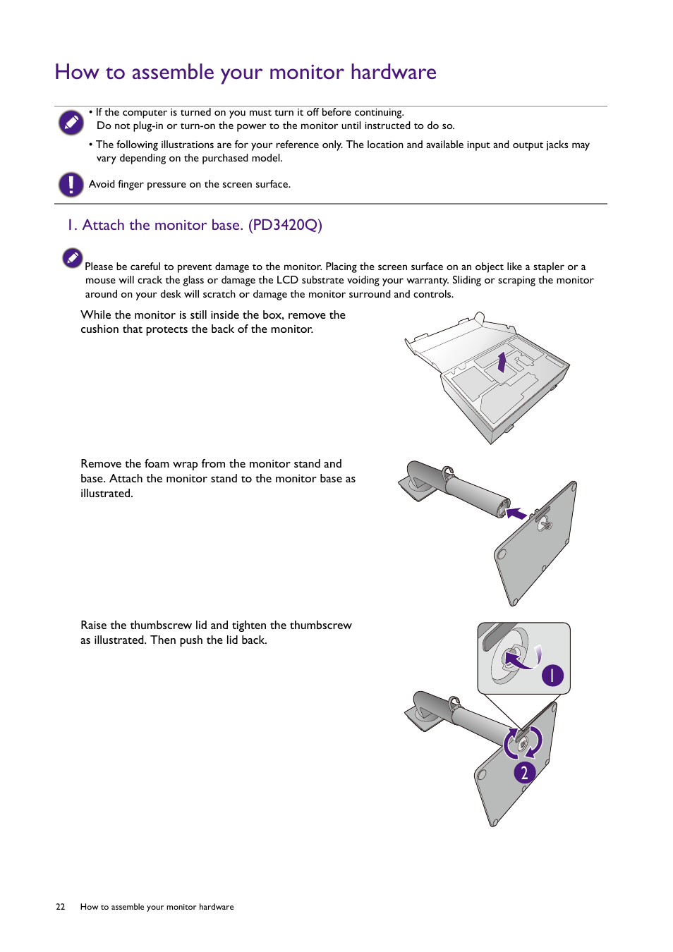 How to assemble your monitor hardware, Attach the monitor base. (pd3420q) | BenQ PD2725U DesignVue Designer 27" 16:9 HDR 4K IPS Monitor User Manual | Page 22 / 80