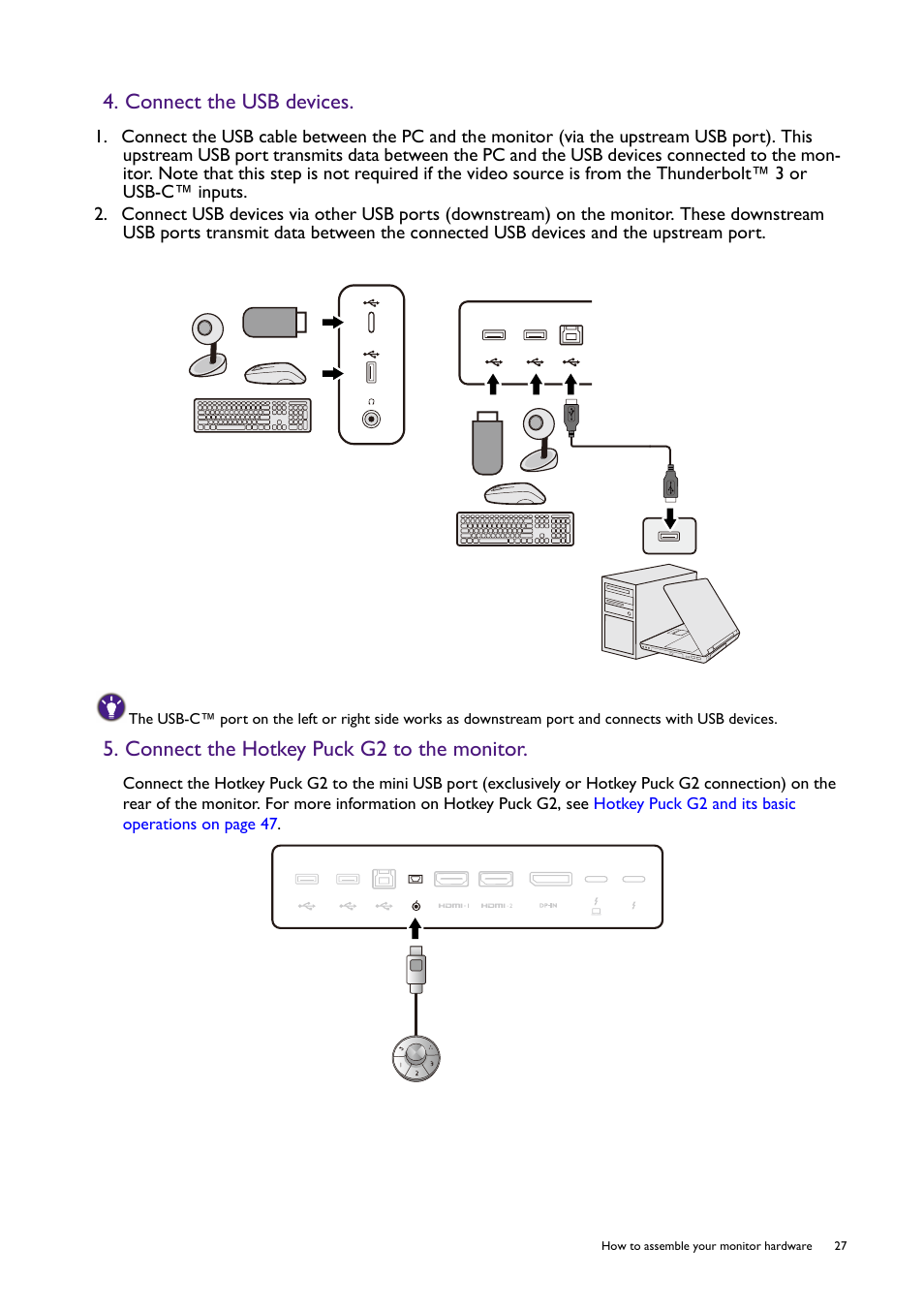 Connect the hotkey puck g2 to the monitor, Connect the usb devices | BenQ PD2725U DesignVue Designer 27" 16:9 HDR 4K IPS Monitor User Manual | Page 27 / 80