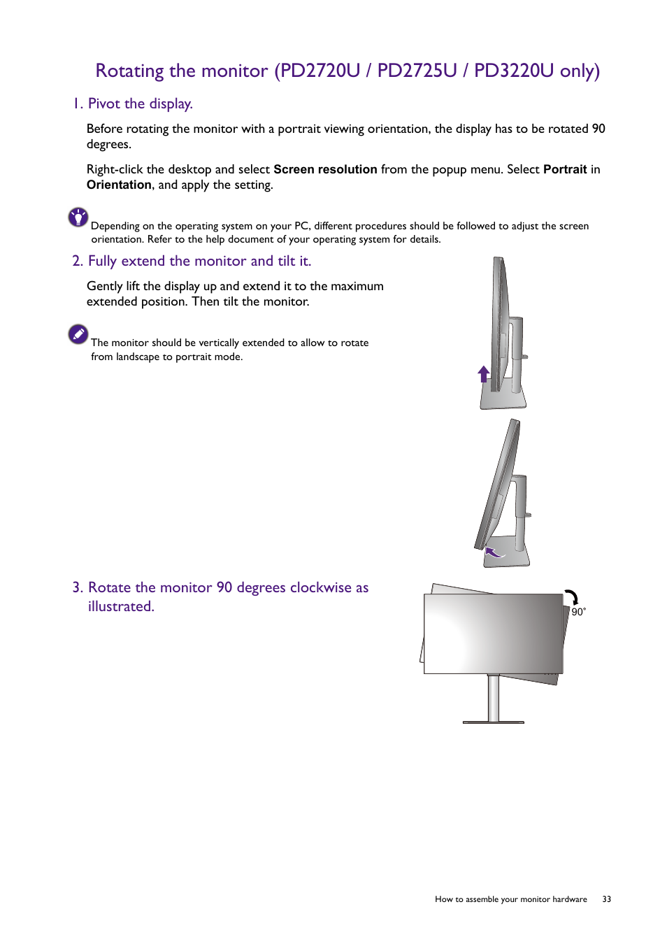 Pivot the display, Fully extend the monitor and tilt it | BenQ PD2725U DesignVue Designer 27" 16:9 HDR 4K IPS Monitor User Manual | Page 33 / 80