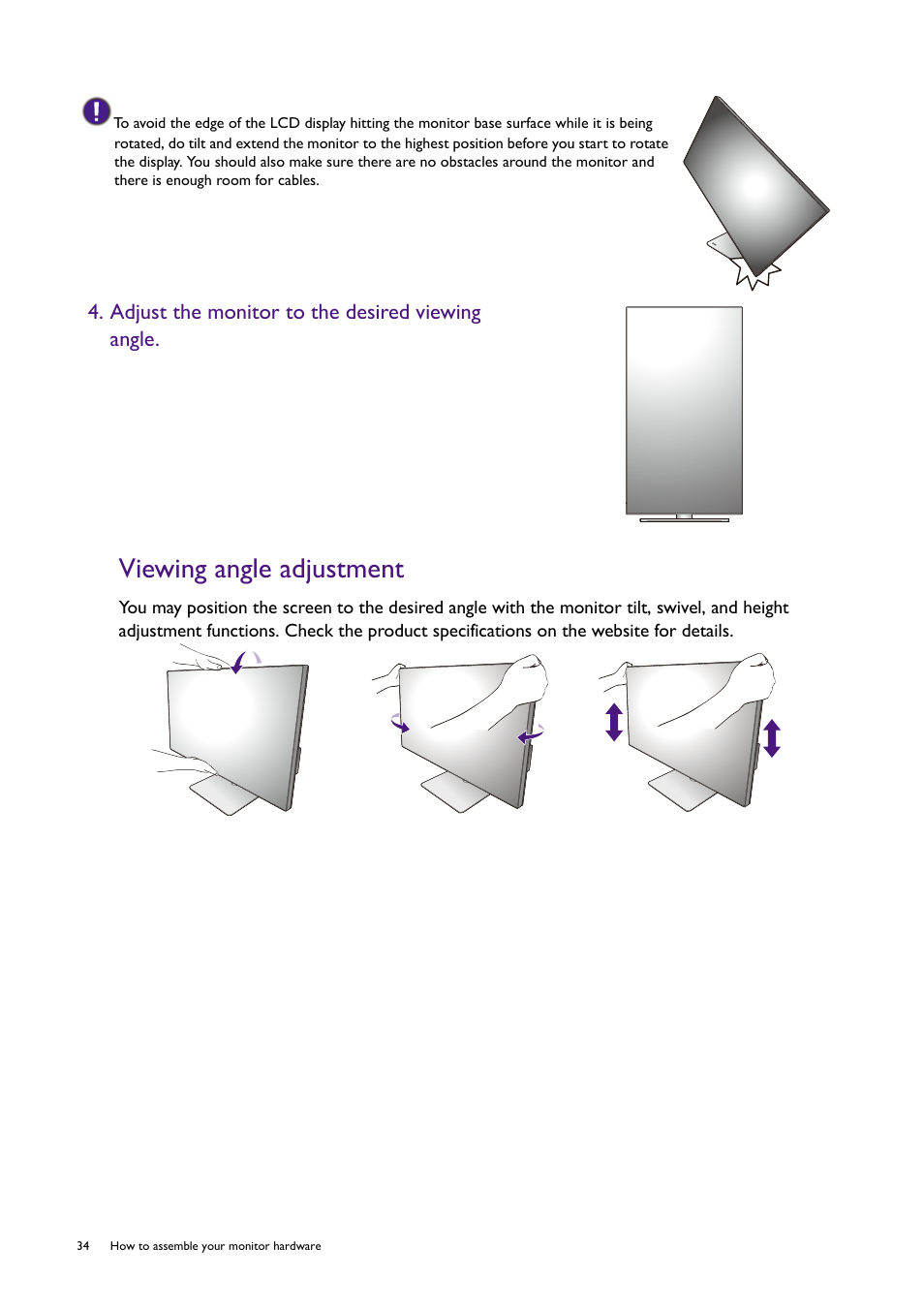 Viewing angle adjustment, Adjust the monitor to the desired viewing angle | BenQ PD2725U DesignVue Designer 27" 16:9 HDR 4K IPS Monitor User Manual | Page 34 / 80
