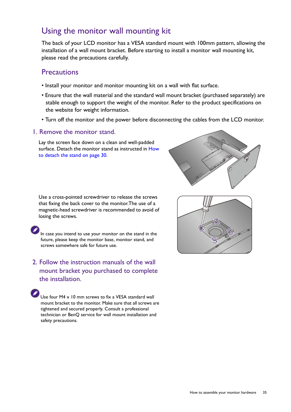 Using the monitor wall mounting kit, Using, Precautions | Remove the monitor stand | BenQ PD2725U DesignVue Designer 27" 16:9 HDR 4K IPS Monitor User Manual | Page 35 / 80