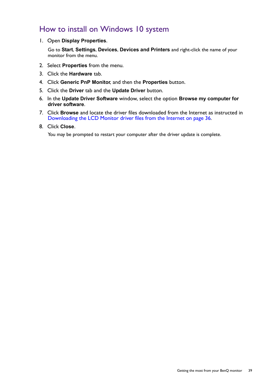 How to install on windows 10 system | BenQ PD2725U DesignVue Designer 27" 16:9 HDR 4K IPS Monitor User Manual | Page 39 / 80