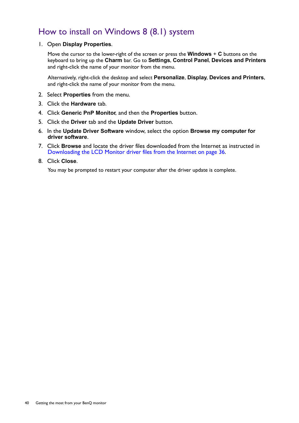 How to install on windows 8 (8.1) system | BenQ PD2725U DesignVue Designer 27" 16:9 HDR 4K IPS Monitor User Manual | Page 40 / 80