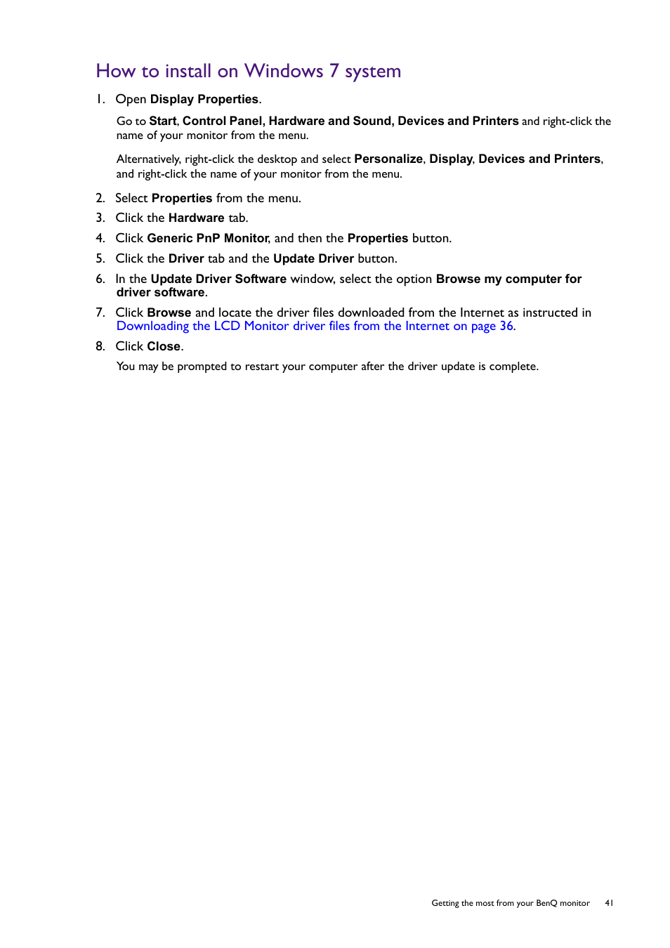 How to install on windows 7 system | BenQ PD2725U DesignVue Designer 27" 16:9 HDR 4K IPS Monitor User Manual | Page 41 / 80
