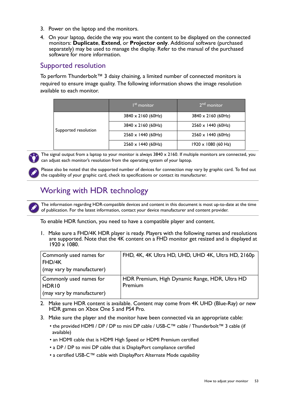 Working with hdr technology, Supported resolution | BenQ PD2725U DesignVue Designer 27" 16:9 HDR 4K IPS Monitor User Manual | Page 53 / 80