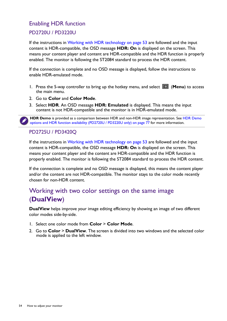 Working with two color settings on the same image, Working with two color settings on the, Enabling hdr function | BenQ PD2725U DesignVue Designer 27" 16:9 HDR 4K IPS Monitor User Manual | Page 54 / 80