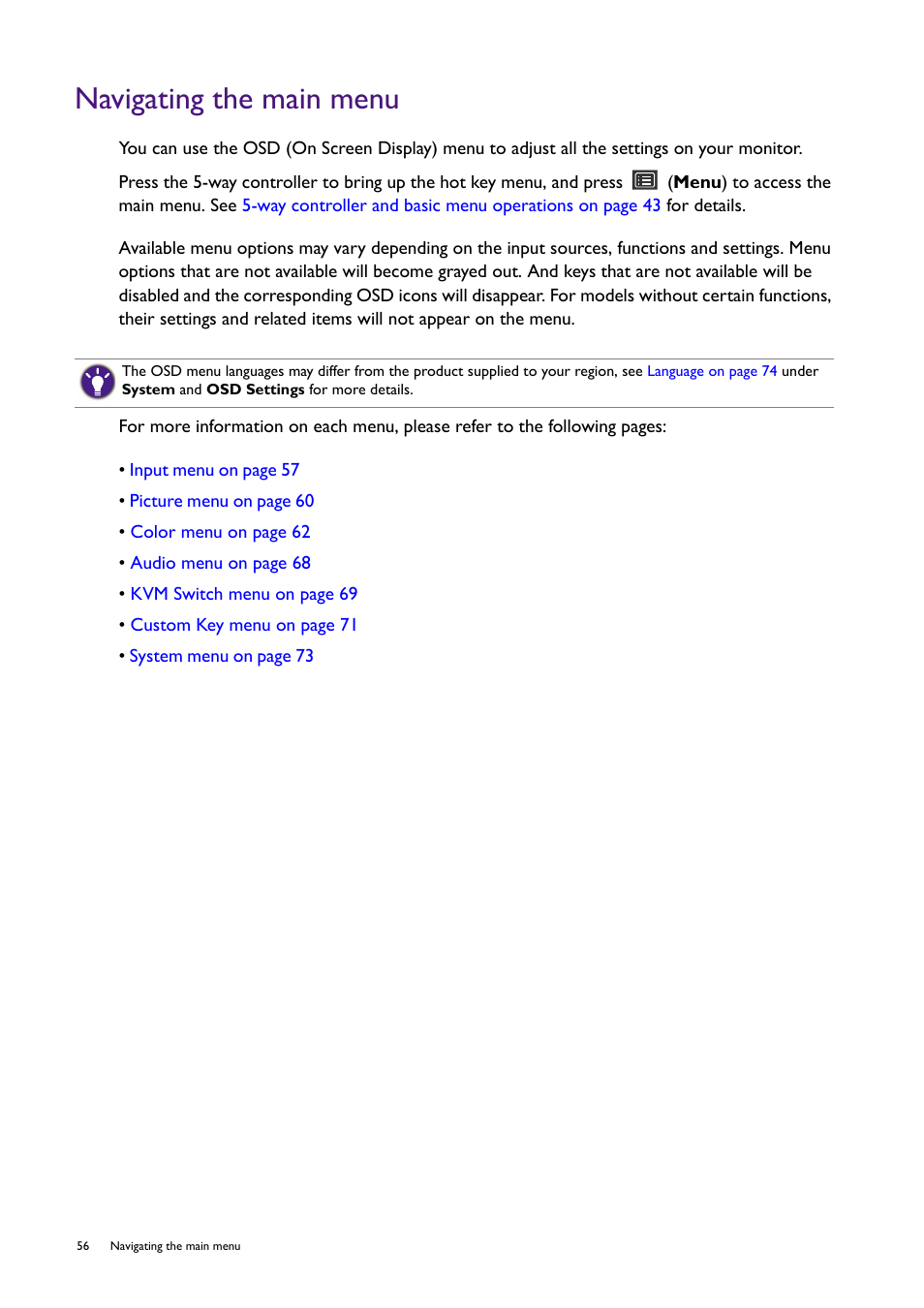 Navigating the main menu | BenQ PD2725U DesignVue Designer 27" 16:9 HDR 4K IPS Monitor User Manual | Page 56 / 80