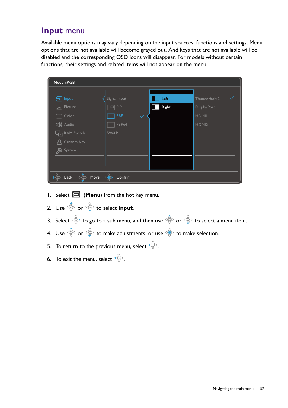 Input menu, Input, Menu | BenQ PD2725U DesignVue Designer 27" 16:9 HDR 4K IPS Monitor User Manual | Page 57 / 80