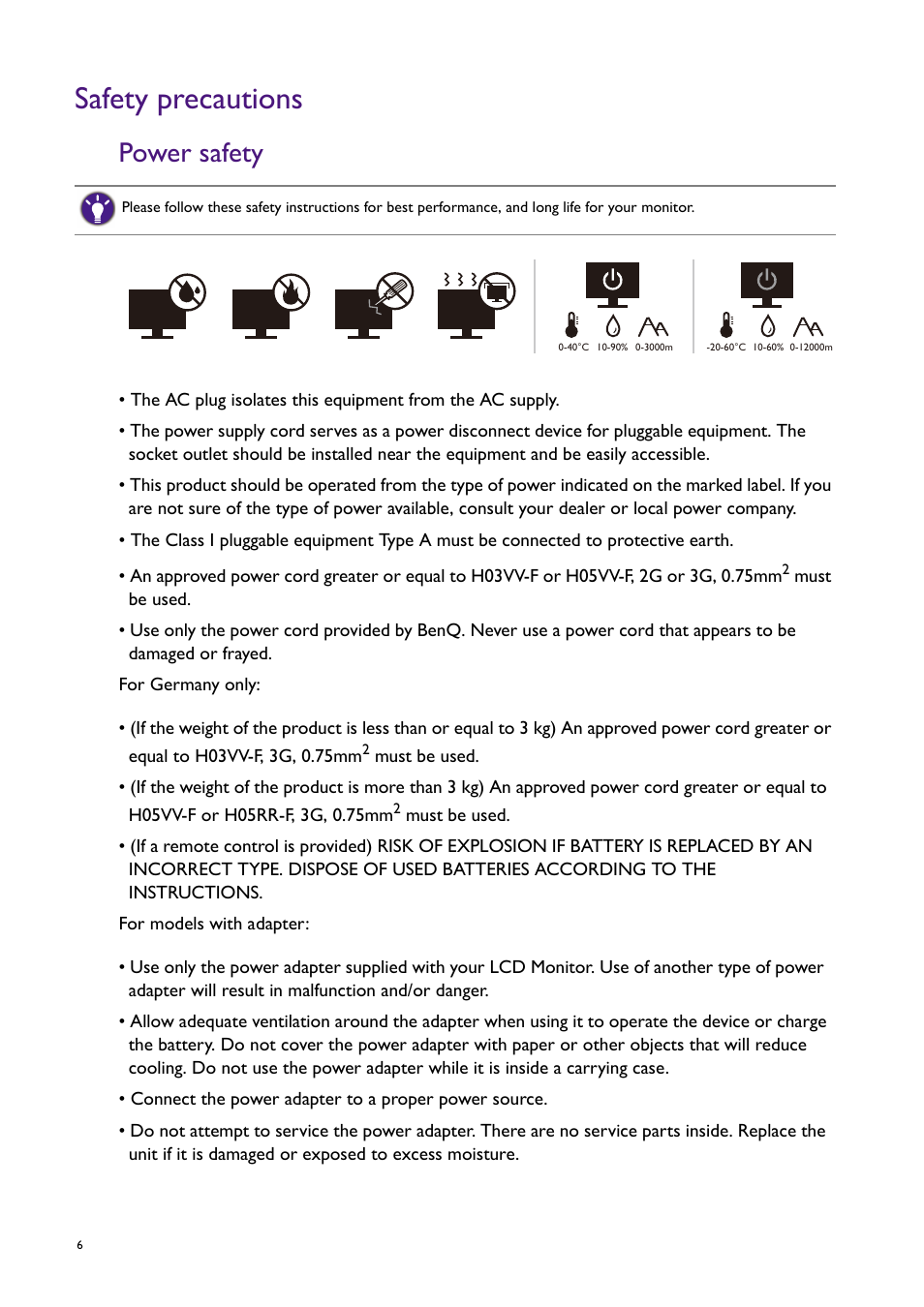 Safety precautions, Power safety | BenQ PD2725U DesignVue Designer 27" 16:9 HDR 4K IPS Monitor User Manual | Page 6 / 80