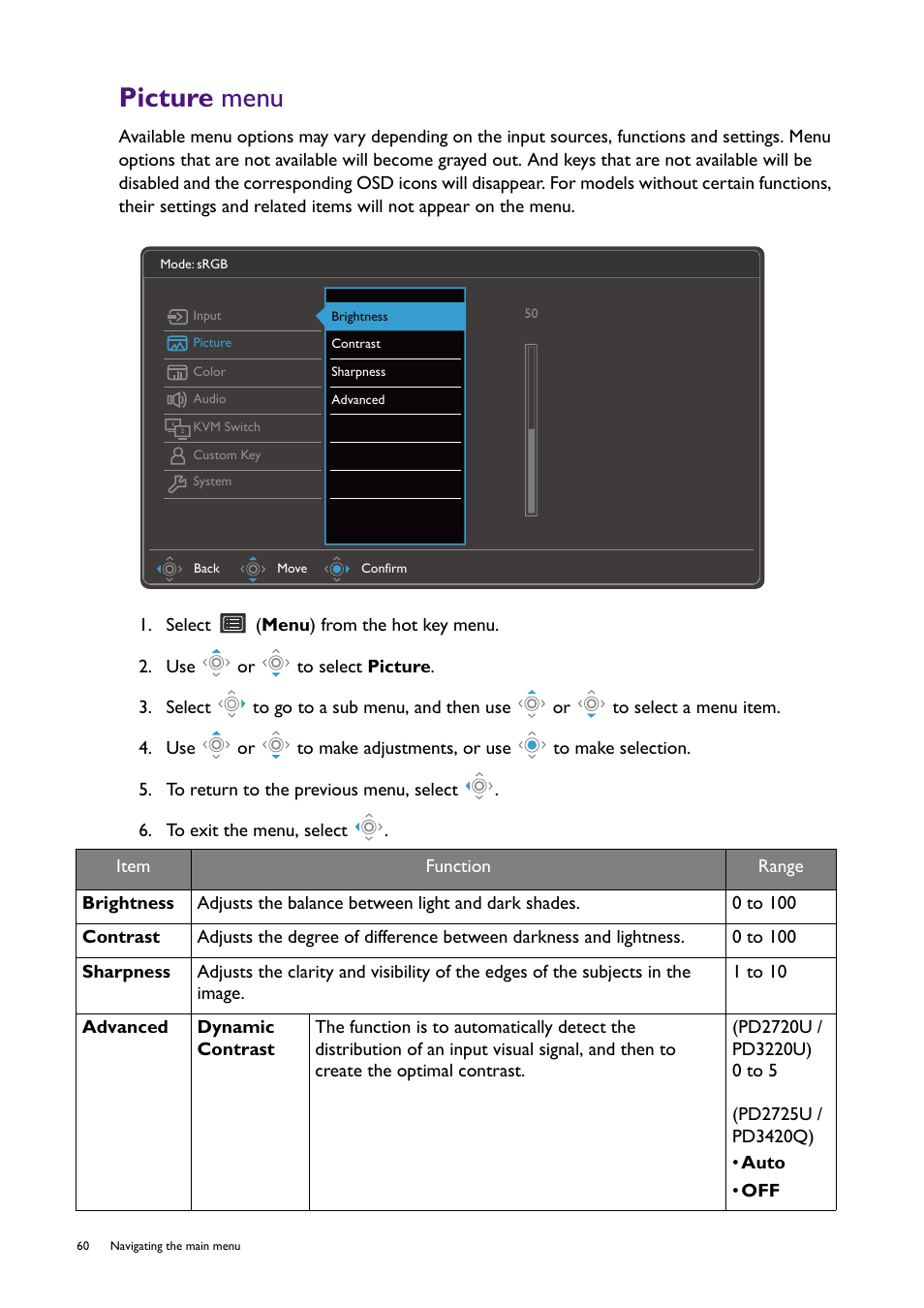 Picture menu, Picture, Menu | BenQ PD2725U DesignVue Designer 27" 16:9 HDR 4K IPS Monitor User Manual | Page 60 / 80