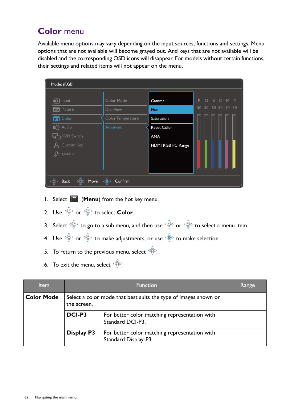Color menu, Color | BenQ PD2725U DesignVue Designer 27" 16:9 HDR 4K IPS Monitor User Manual | Page 62 / 80