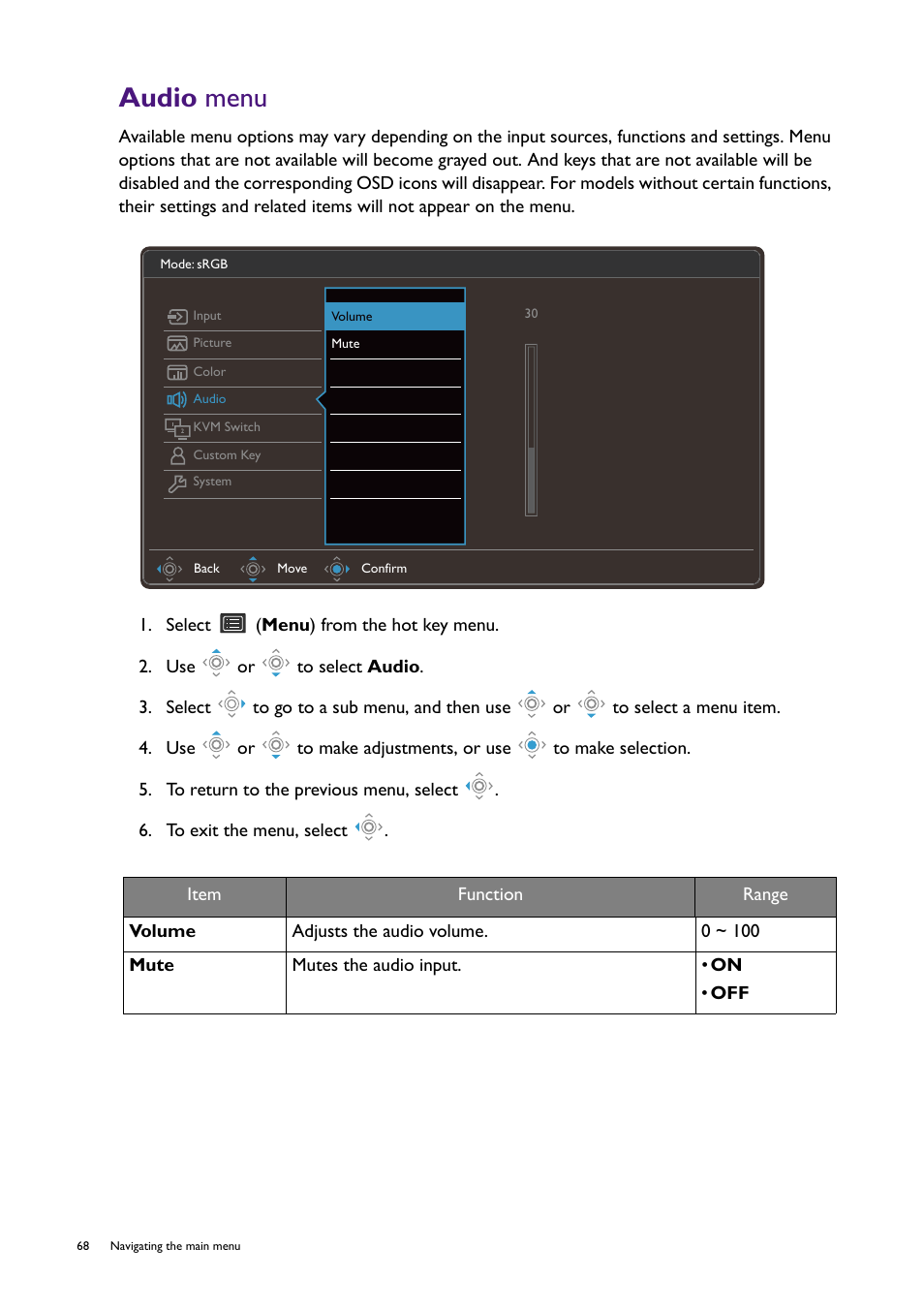Audio menu, Audio | BenQ PD2725U DesignVue Designer 27" 16:9 HDR 4K IPS Monitor User Manual | Page 68 / 80