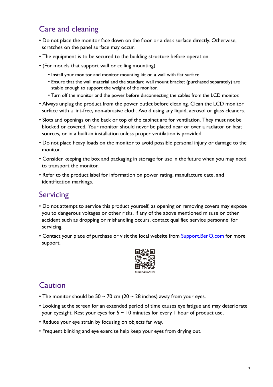 Care and cleaning, Servicing, Caution | BenQ PD2725U DesignVue Designer 27" 16:9 HDR 4K IPS Monitor User Manual | Page 7 / 80