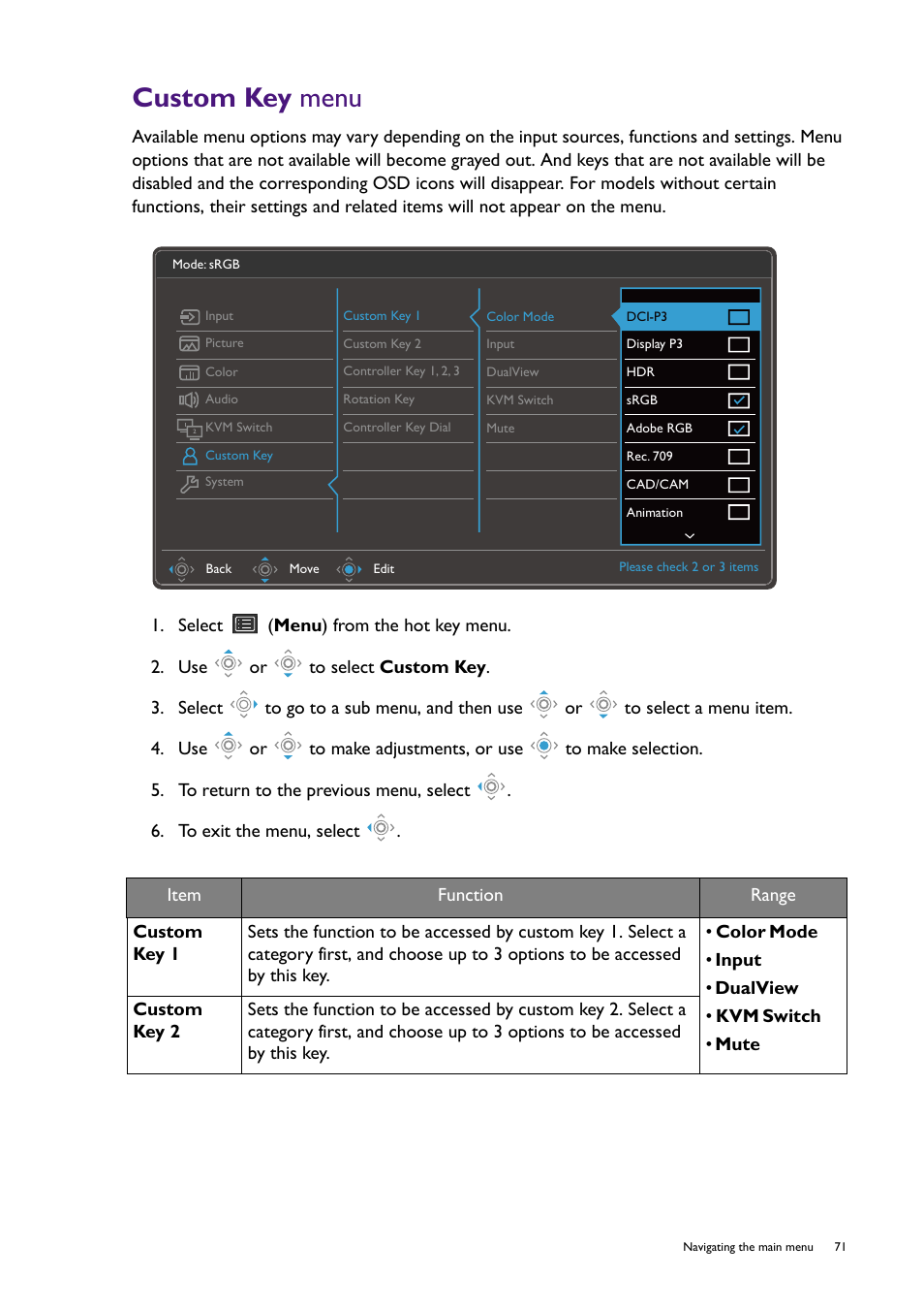 Custom key menu, Custom key | BenQ PD2725U DesignVue Designer 27" 16:9 HDR 4K IPS Monitor User Manual | Page 71 / 80
