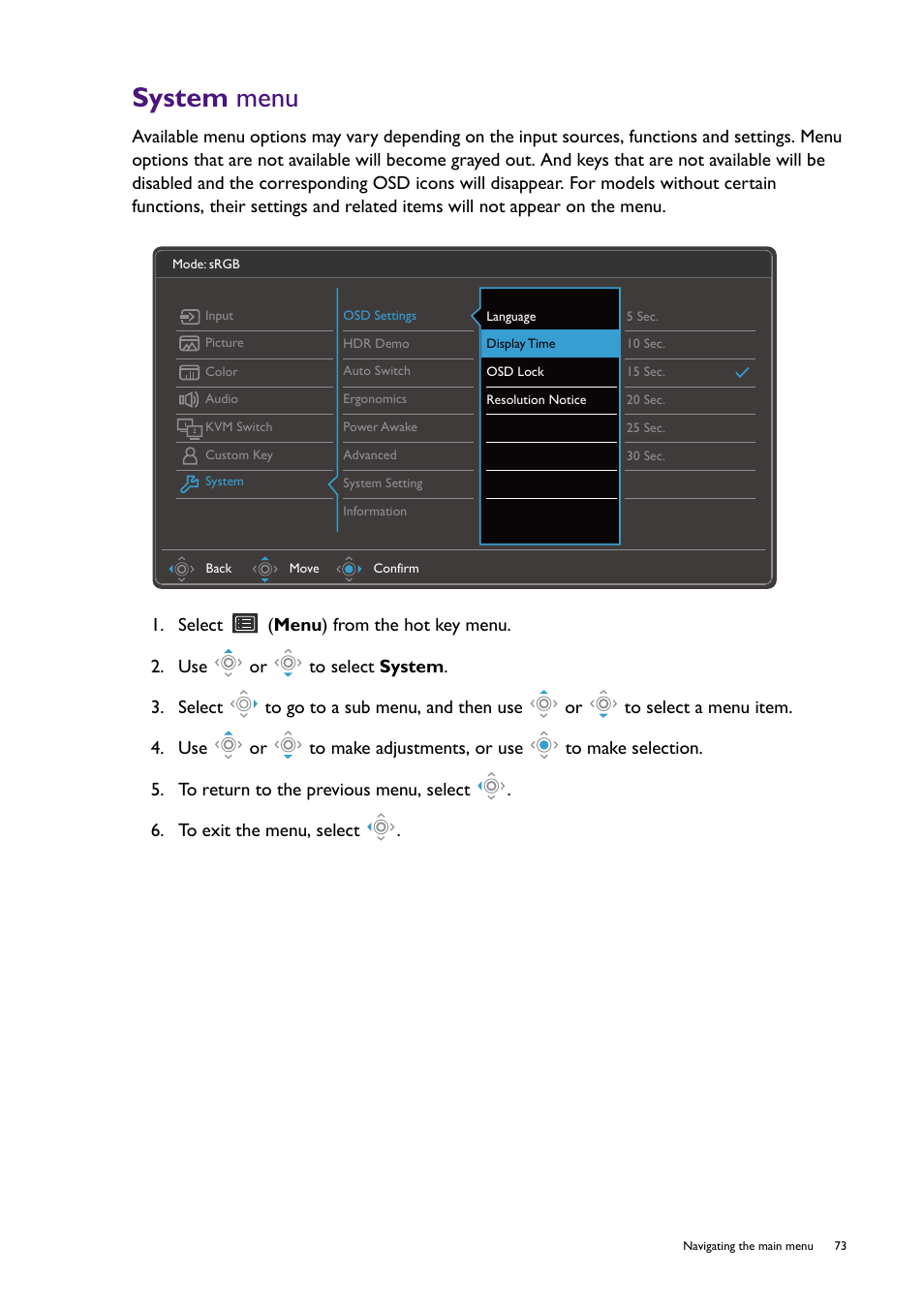 System menu, System | BenQ PD2725U DesignVue Designer 27" 16:9 HDR 4K IPS Monitor User Manual | Page 73 / 80