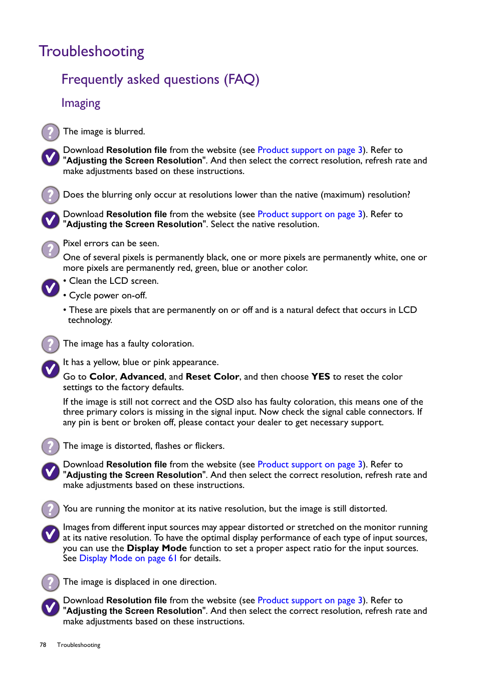 Troubleshooting, Frequently asked questions (faq), Imaging | BenQ PD2725U DesignVue Designer 27" 16:9 HDR 4K IPS Monitor User Manual | Page 78 / 80
