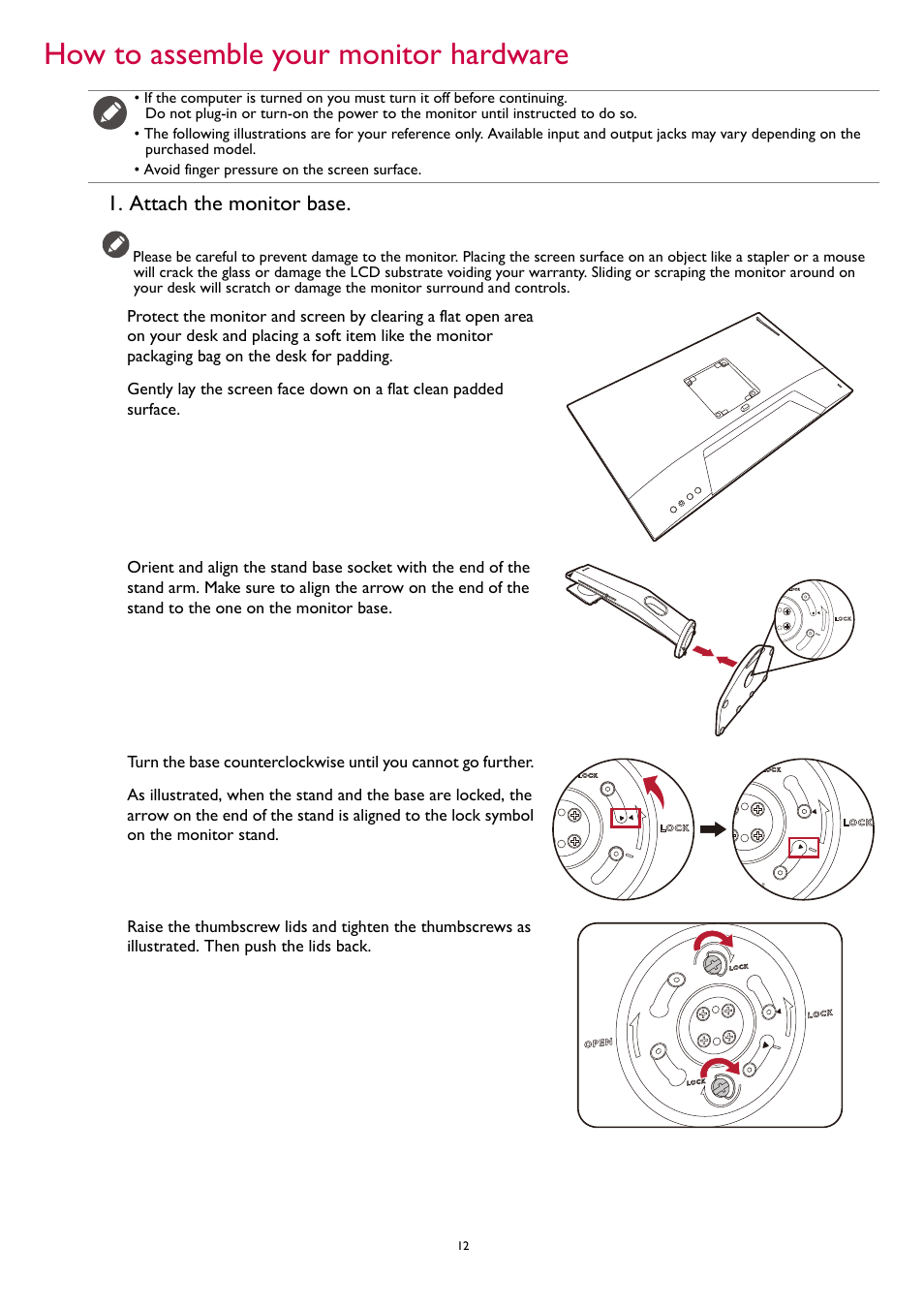 How to assemble your monitor hardware, Attach the monitor base | BenQ ZOWIE XL2731K 27" 16:9 165 Hz TN Gaming Monitor User Manual | Page 12 / 60