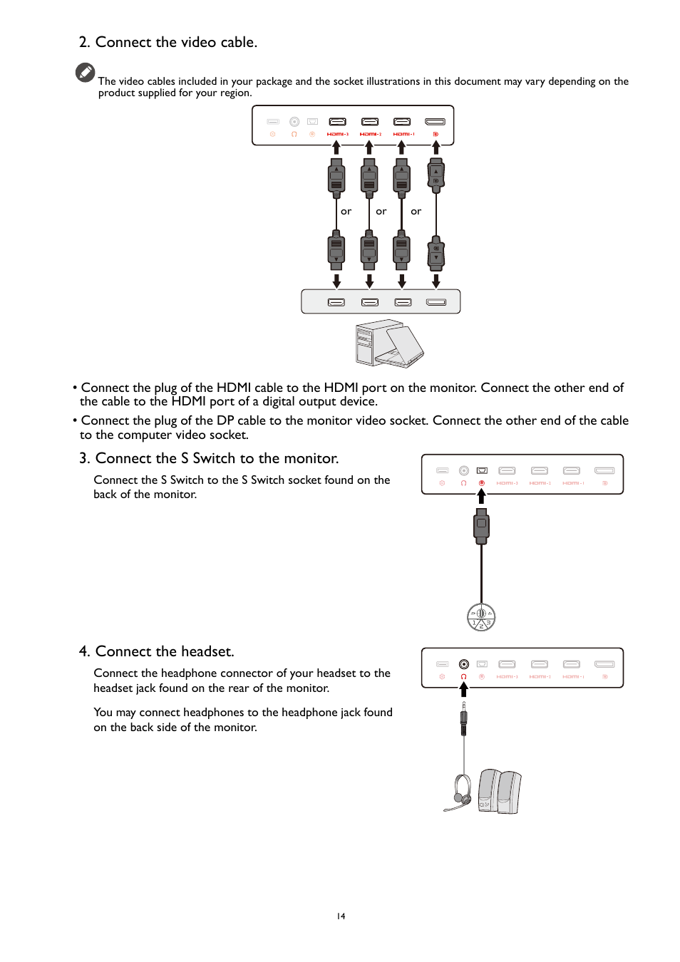 Connect the video cable, Connect the s switch to the monitor, Connect the headset | BenQ ZOWIE XL2731K 27" 16:9 165 Hz TN Gaming Monitor User Manual | Page 14 / 60