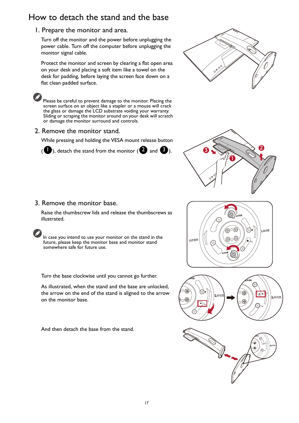 How to detach the stand and the base, Prepare the monitor and area, Remove the monitor stand | Remove the monitor base | BenQ ZOWIE XL2731K 27" 16:9 165 Hz TN Gaming Monitor User Manual | Page 17 / 60