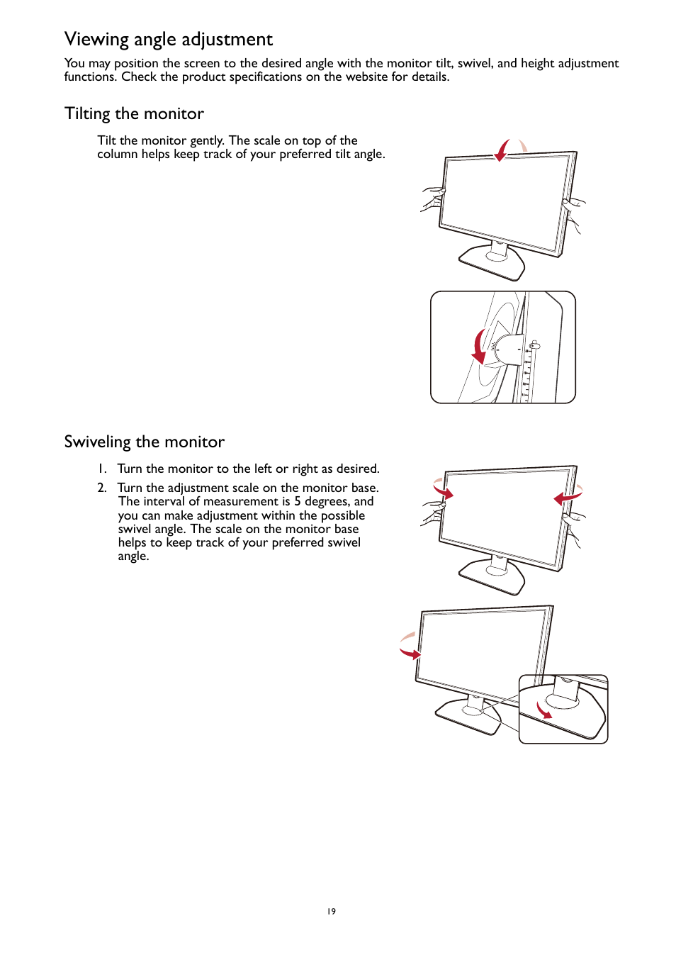 Viewing angle adjustment, Tilting the monitor swiveling the monitor | BenQ ZOWIE XL2731K 27" 16:9 165 Hz TN Gaming Monitor User Manual | Page 19 / 60