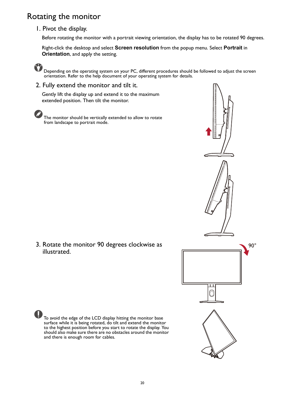 Rotating the monitor, Pivot the display, Fully extend the monitor and tilt it | BenQ ZOWIE XL2731K 27" 16:9 165 Hz TN Gaming Monitor User Manual | Page 20 / 60