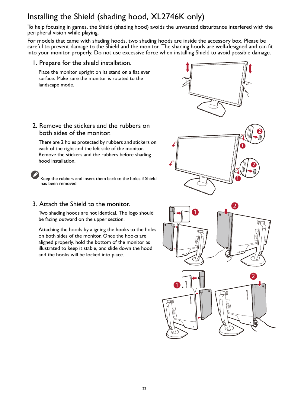 Installing the shield (shading hood, xl2746k only) | BenQ ZOWIE XL2731K 27" 16:9 165 Hz TN Gaming Monitor User Manual | Page 22 / 60