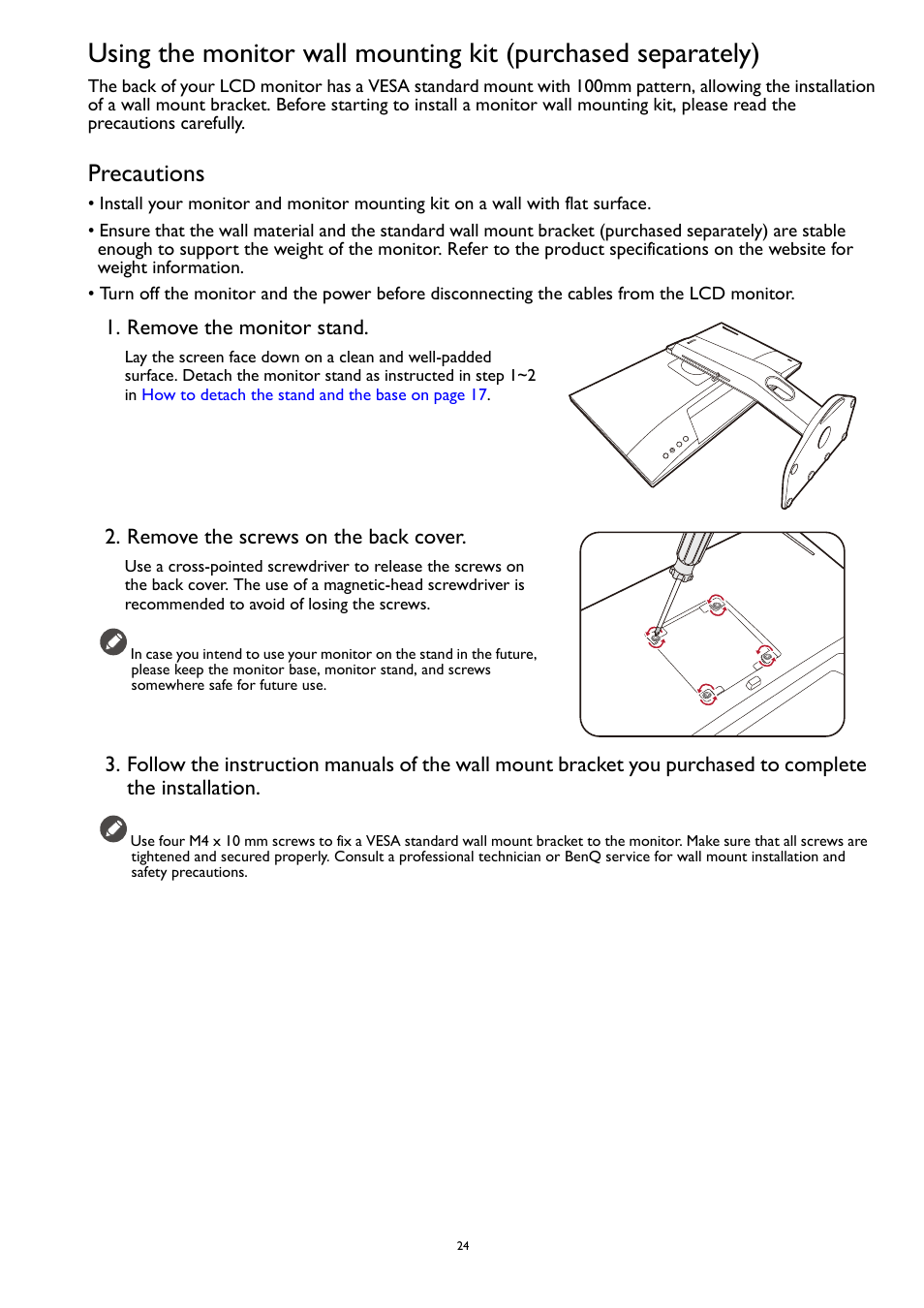 Precautions, Remove the monitor stand, Remove the screws on the back cover | BenQ ZOWIE XL2731K 27" 16:9 165 Hz TN Gaming Monitor User Manual | Page 24 / 60