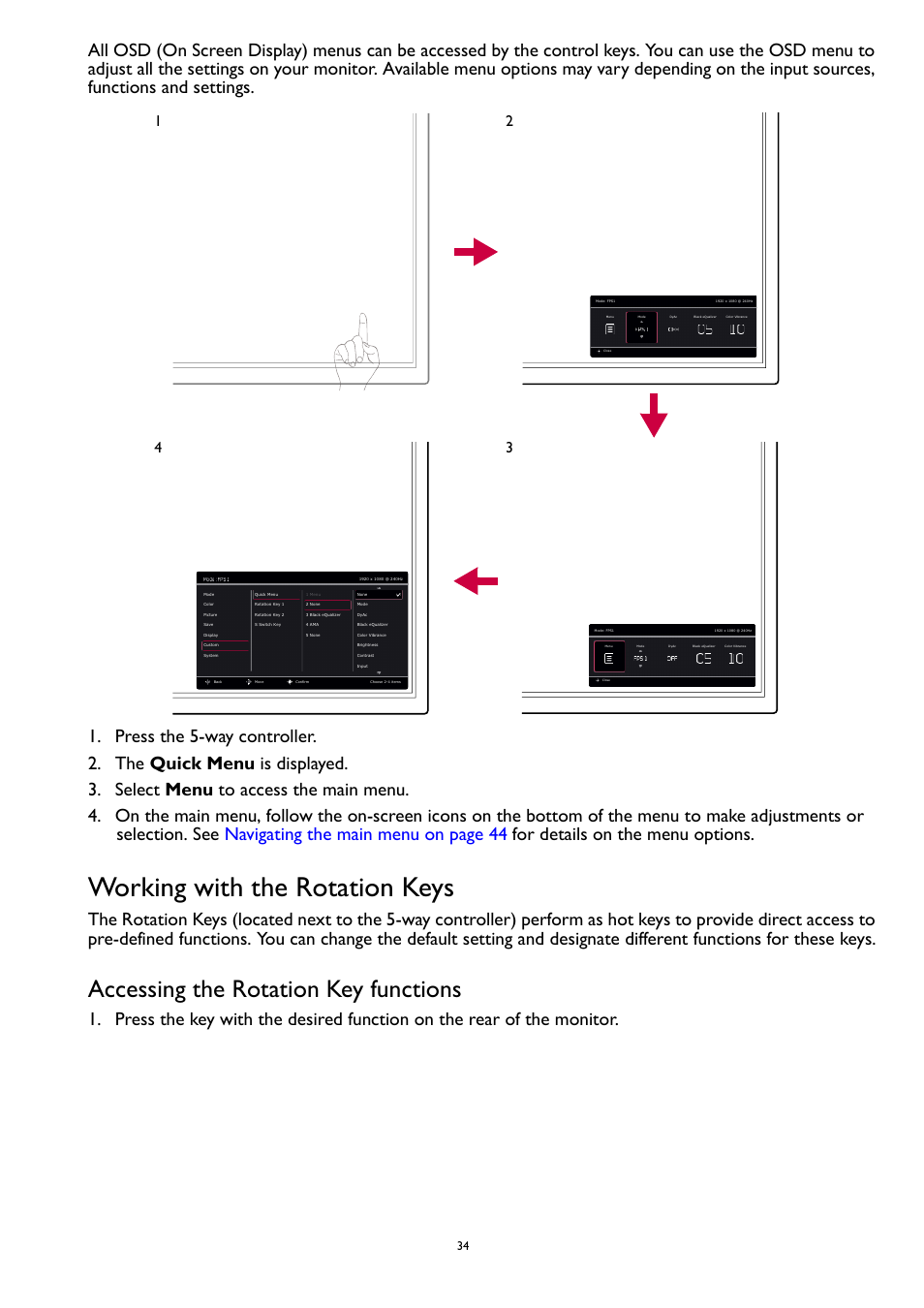 Working with the rotation keys, Accessing the rotation key functions | BenQ ZOWIE XL2731K 27" 16:9 165 Hz TN Gaming Monitor User Manual | Page 34 / 60