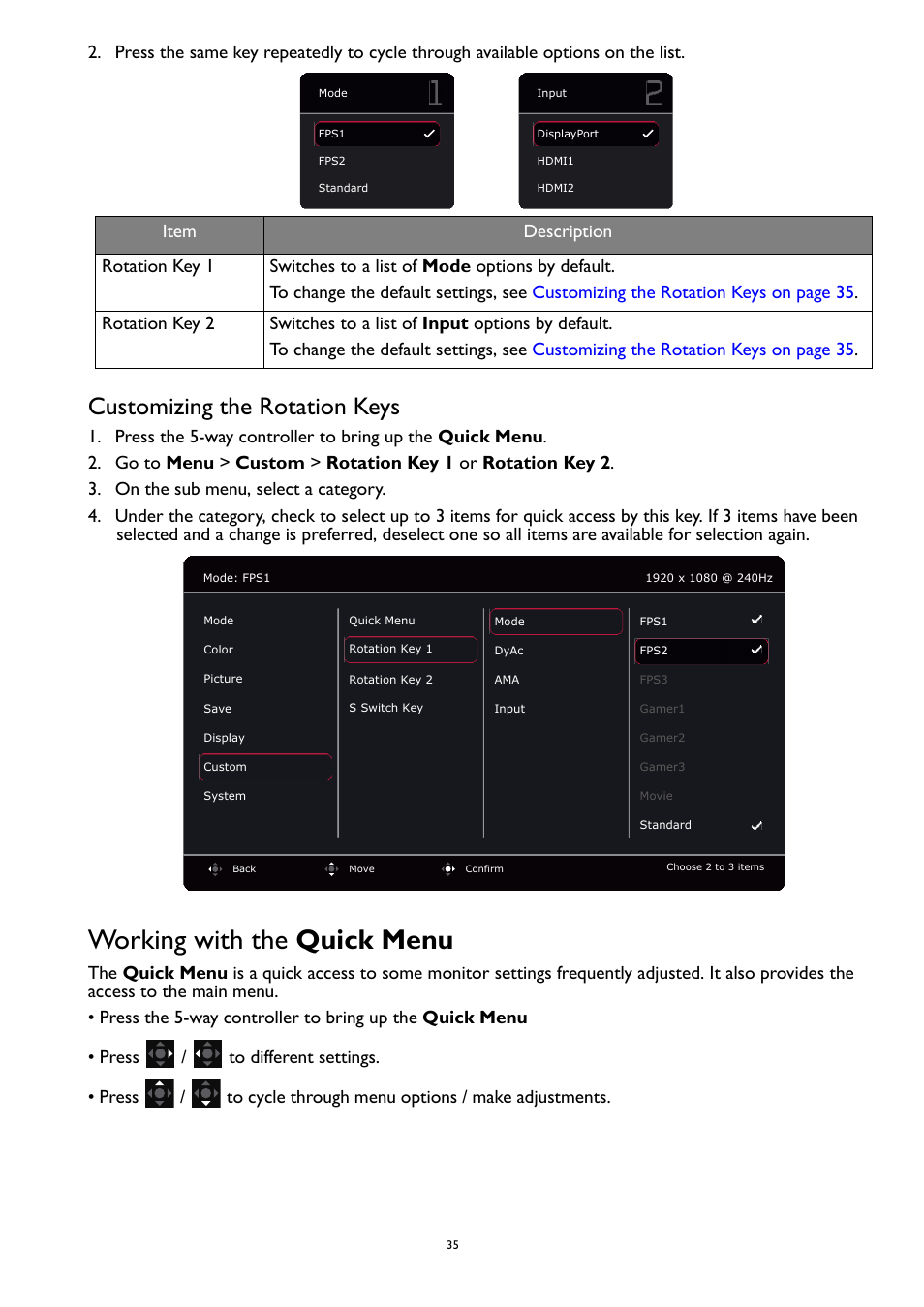 Working with the quick menu, Working with the, Quick menu | Customizing the rotation keys | BenQ ZOWIE XL2731K 27" 16:9 165 Hz TN Gaming Monitor User Manual | Page 35 / 60