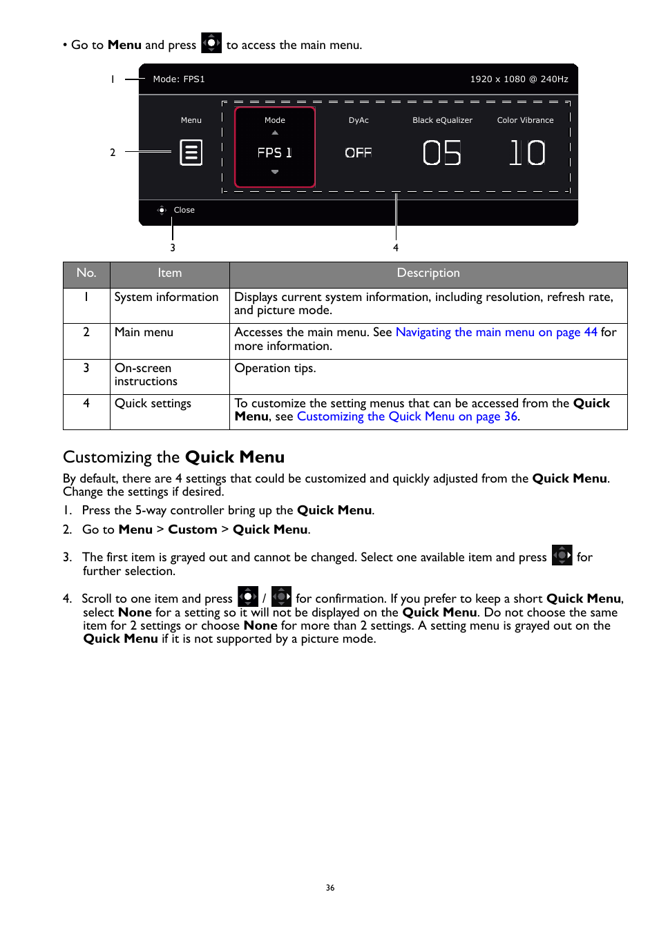 Customizing the quick menu | BenQ ZOWIE XL2731K 27" 16:9 165 Hz TN Gaming Monitor User Manual | Page 36 / 60