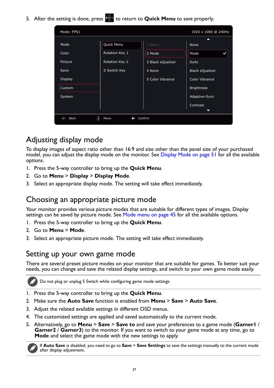 Adjusting display mode, Choosing an appropriate picture mode, Setting up your own game mode | BenQ ZOWIE XL2731K 27" 16:9 165 Hz TN Gaming Monitor User Manual | Page 37 / 60
