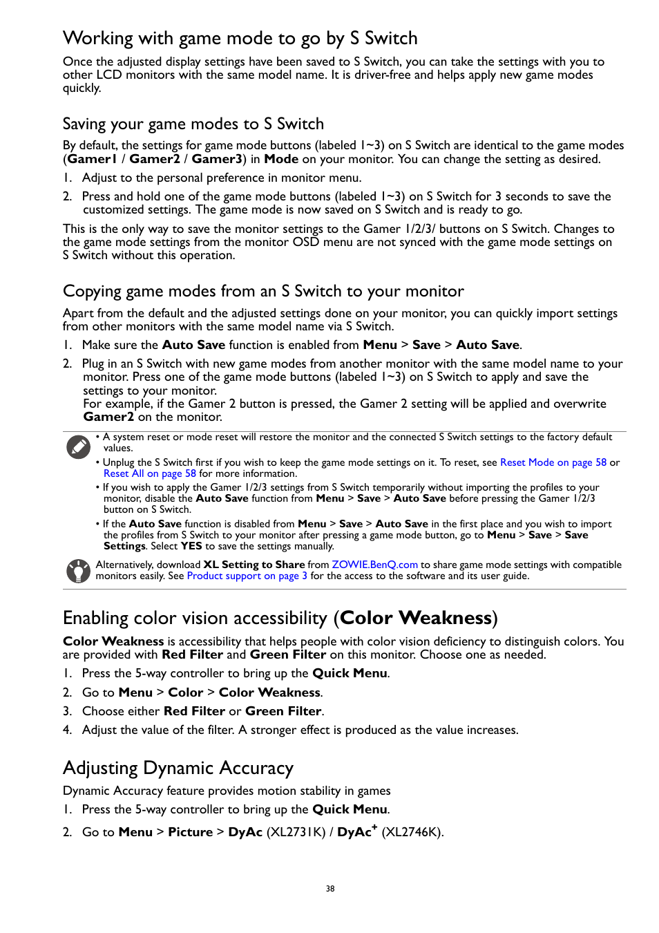 Working with game mode to go by s switch, Adjusting dynamic accuracy, Nced functions, see | Copying game modes from an s switch to your, Saving your game modes to s switch | BenQ ZOWIE XL2731K 27" 16:9 165 Hz TN Gaming Monitor User Manual | Page 38 / 60