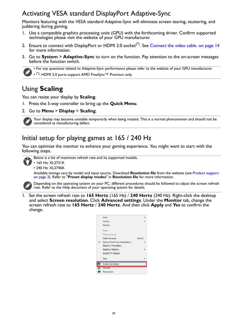 Activating vesa standard displayport adaptive-sync, Using scaling, Initial setup for playing games at 165 / 240 hz | BenQ ZOWIE XL2731K 27" 16:9 165 Hz TN Gaming Monitor User Manual | Page 39 / 60