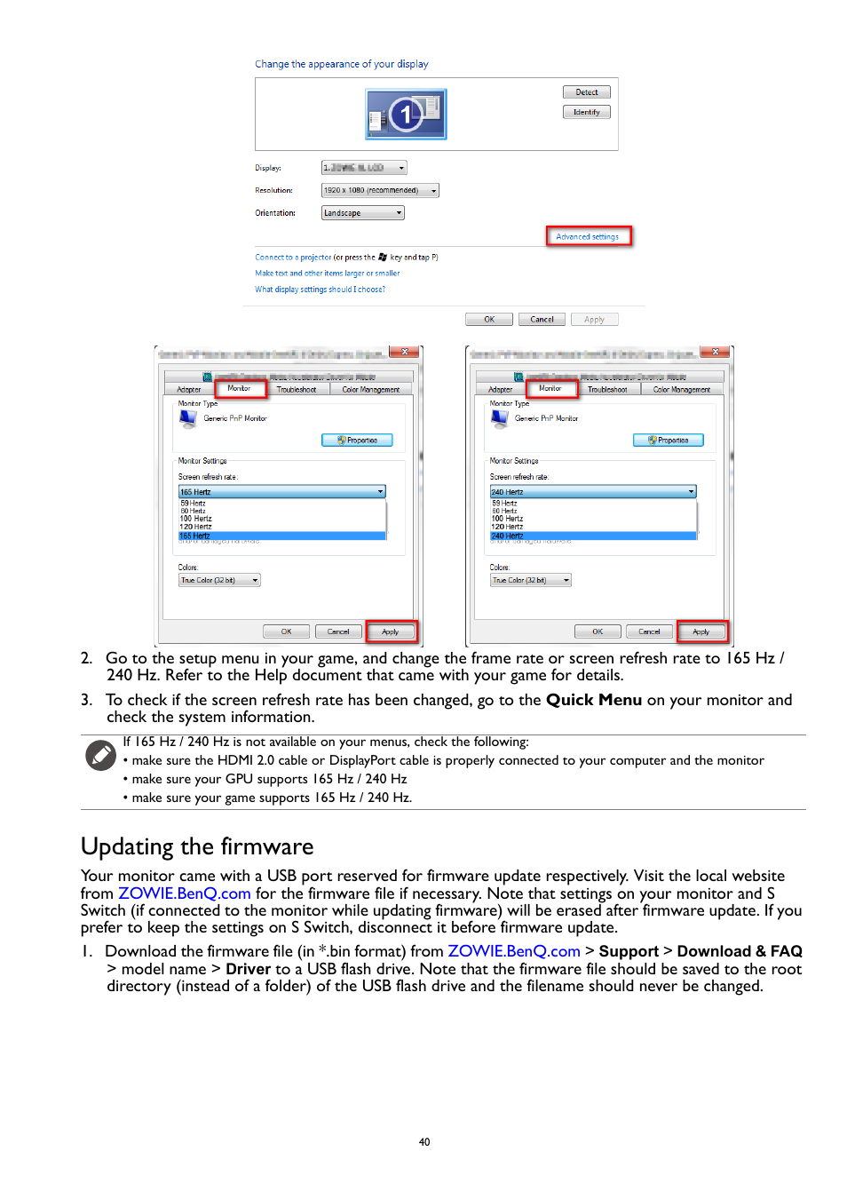 Updating the firmware | BenQ ZOWIE XL2731K 27" 16:9 165 Hz TN Gaming Monitor User Manual | Page 40 / 60