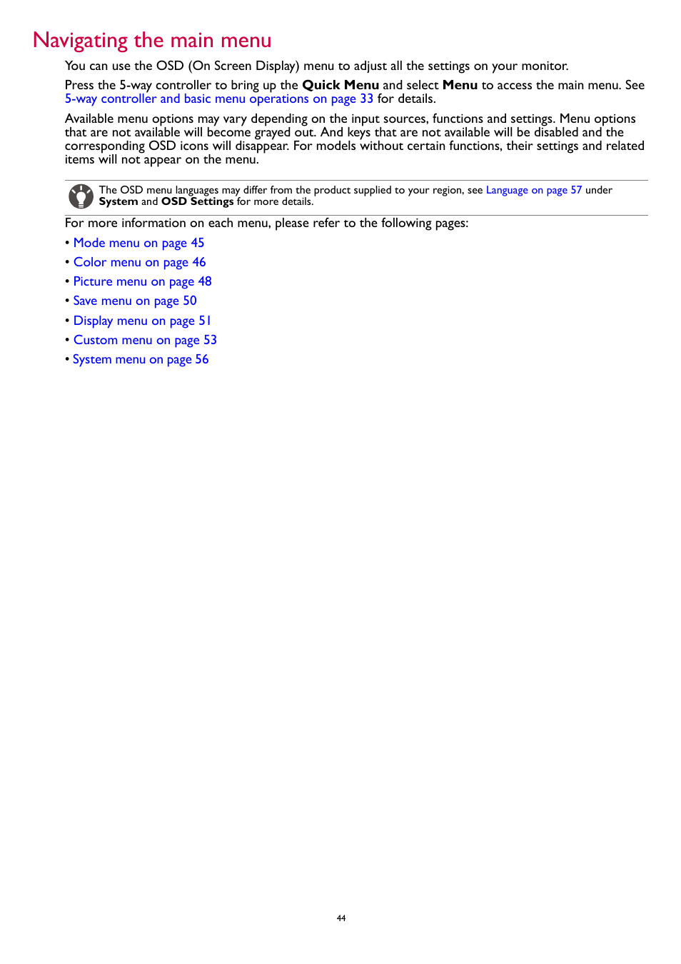 Navigating the main menu | BenQ ZOWIE XL2731K 27" 16:9 165 Hz TN Gaming Monitor User Manual | Page 44 / 60