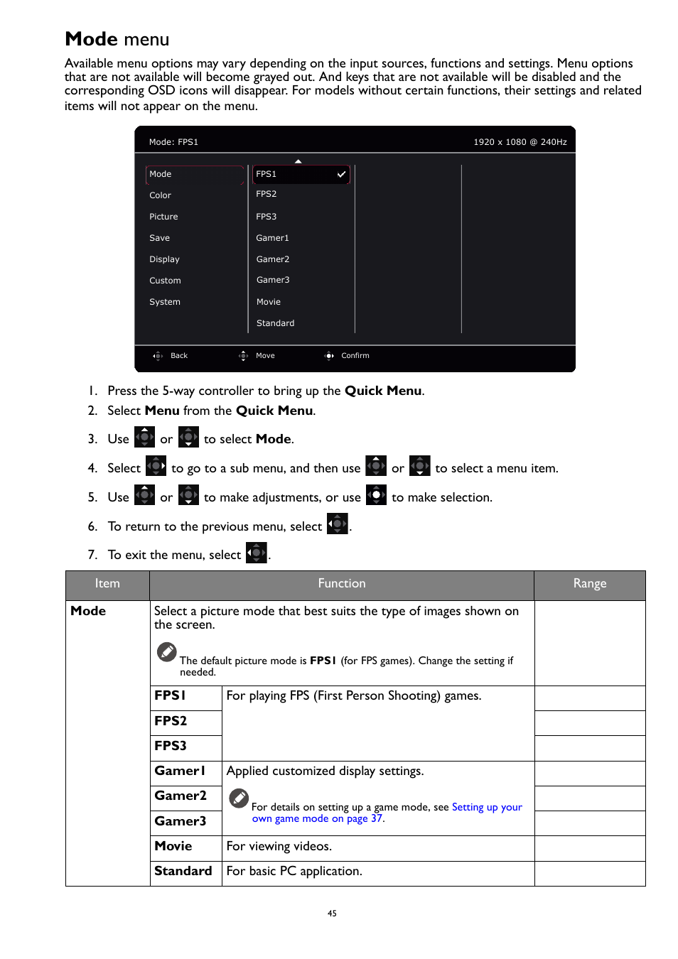 Mode menu, Mode | BenQ ZOWIE XL2731K 27" 16:9 165 Hz TN Gaming Monitor User Manual | Page 45 / 60