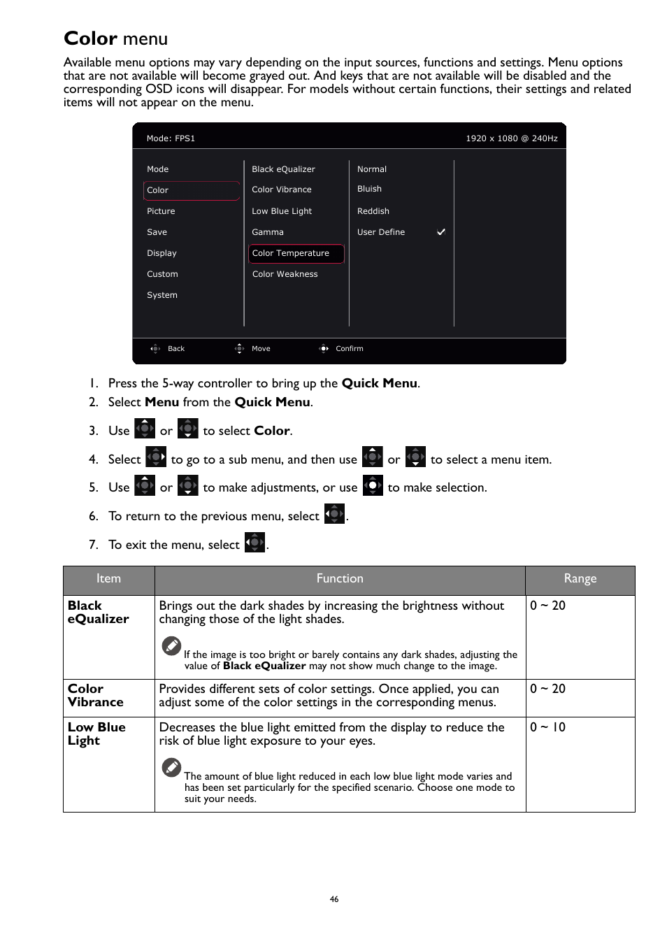 Color menu, Color | BenQ ZOWIE XL2731K 27" 16:9 165 Hz TN Gaming Monitor User Manual | Page 46 / 60