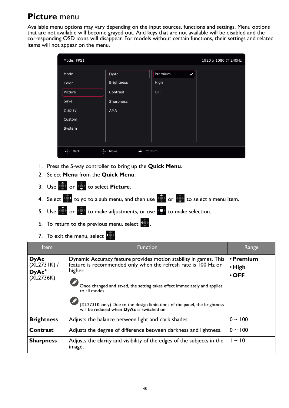 Picture menu, Picture | BenQ ZOWIE XL2731K 27" 16:9 165 Hz TN Gaming Monitor User Manual | Page 48 / 60