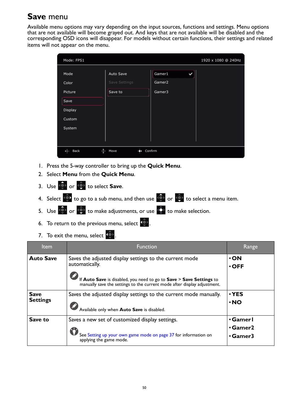 Save menu, Save | BenQ ZOWIE XL2731K 27" 16:9 165 Hz TN Gaming Monitor User Manual | Page 50 / 60