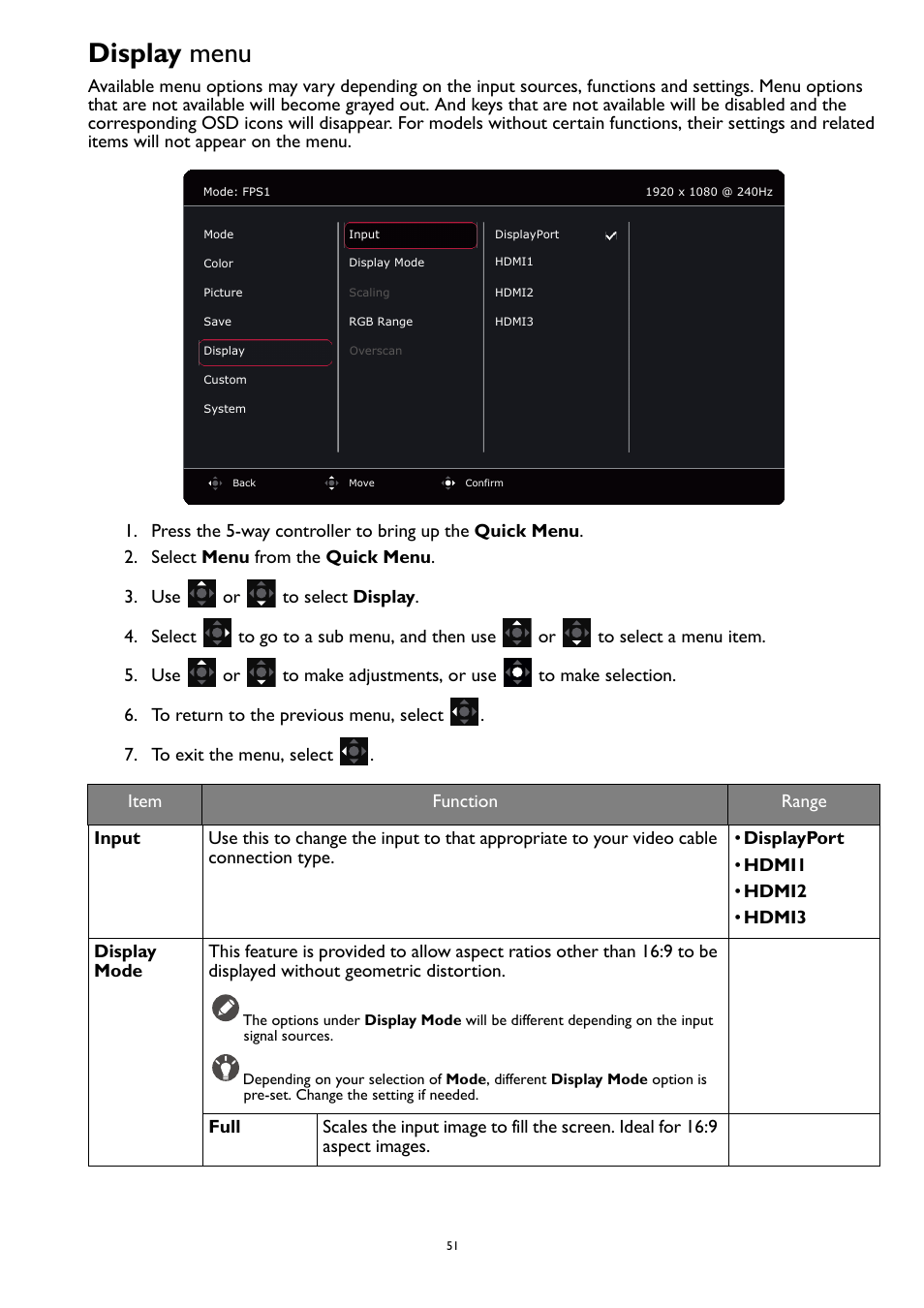 Display menu, Display | BenQ ZOWIE XL2731K 27" 16:9 165 Hz TN Gaming Monitor User Manual | Page 51 / 60