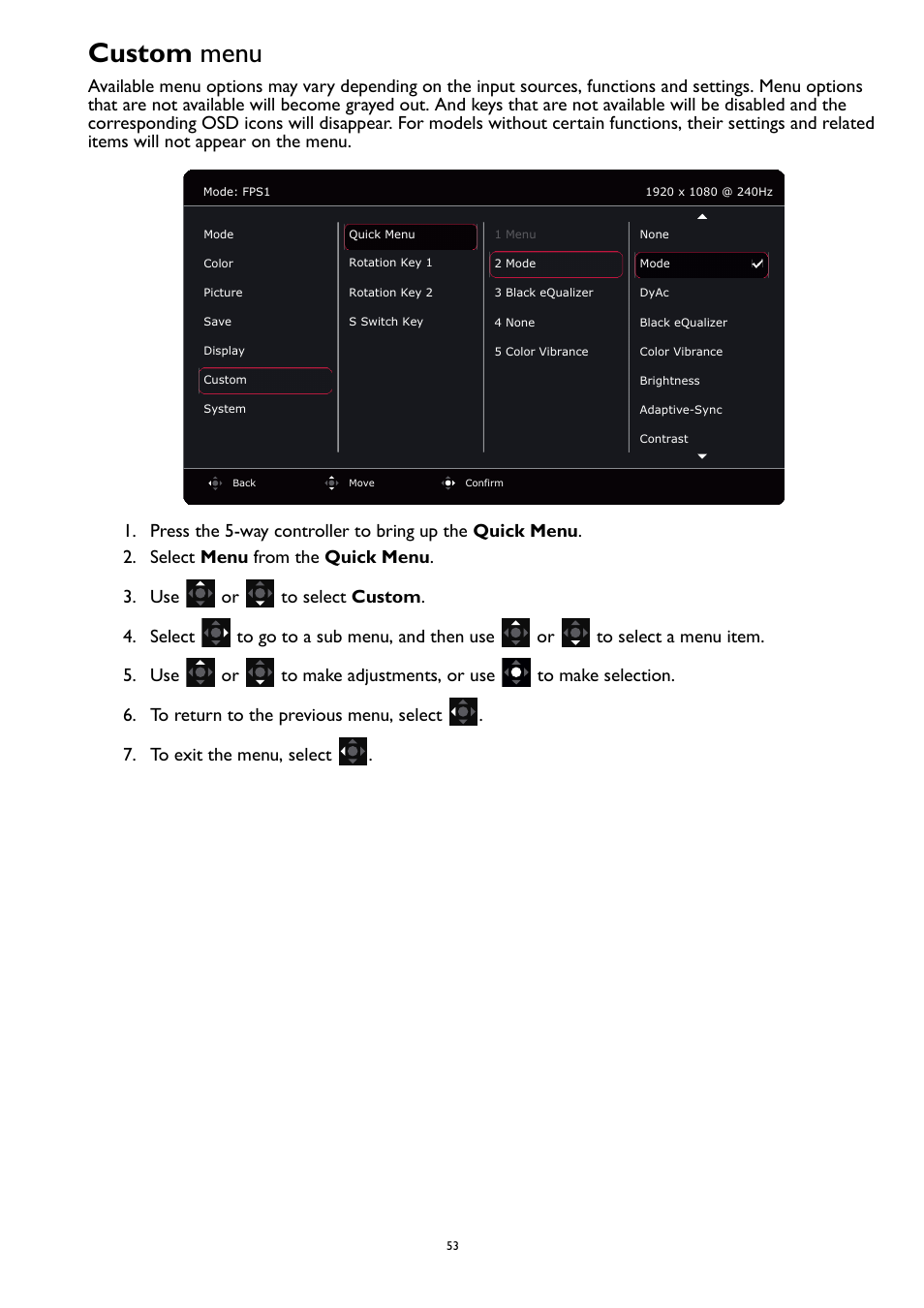 Custom menu, Custom | BenQ ZOWIE XL2731K 27" 16:9 165 Hz TN Gaming Monitor User Manual | Page 53 / 60