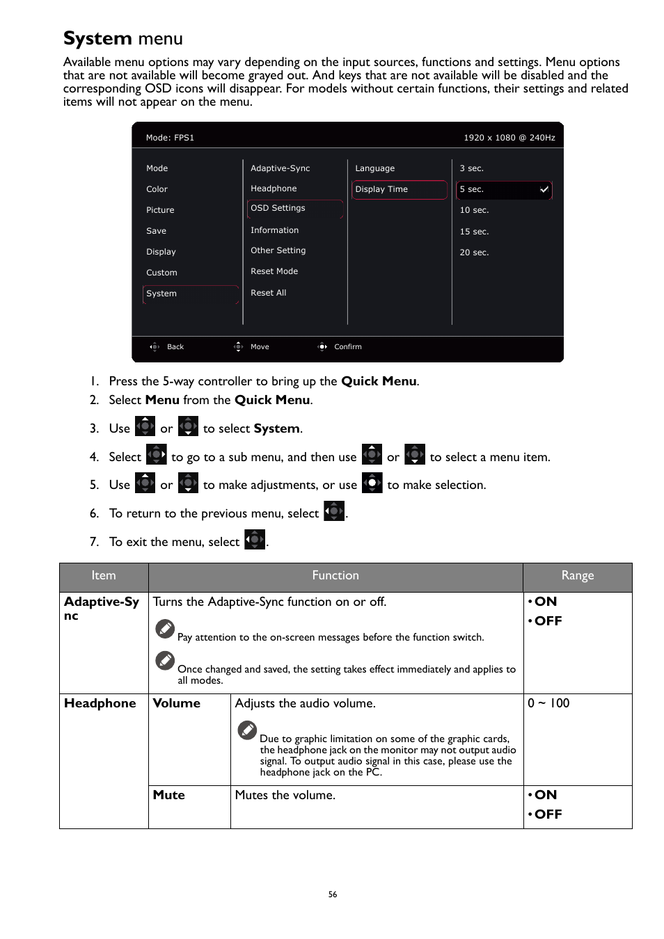 System menu, System, Adaptive-sync | BenQ ZOWIE XL2731K 27" 16:9 165 Hz TN Gaming Monitor User Manual | Page 56 / 60