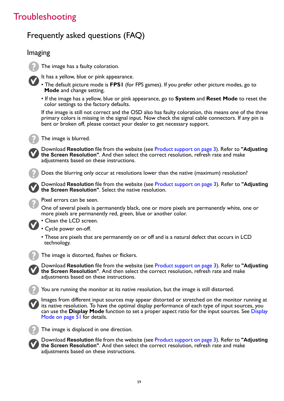 Troubleshooting, Frequently asked questions (faq), Imaging | BenQ ZOWIE XL2731K 27" 16:9 165 Hz TN Gaming Monitor User Manual | Page 59 / 60