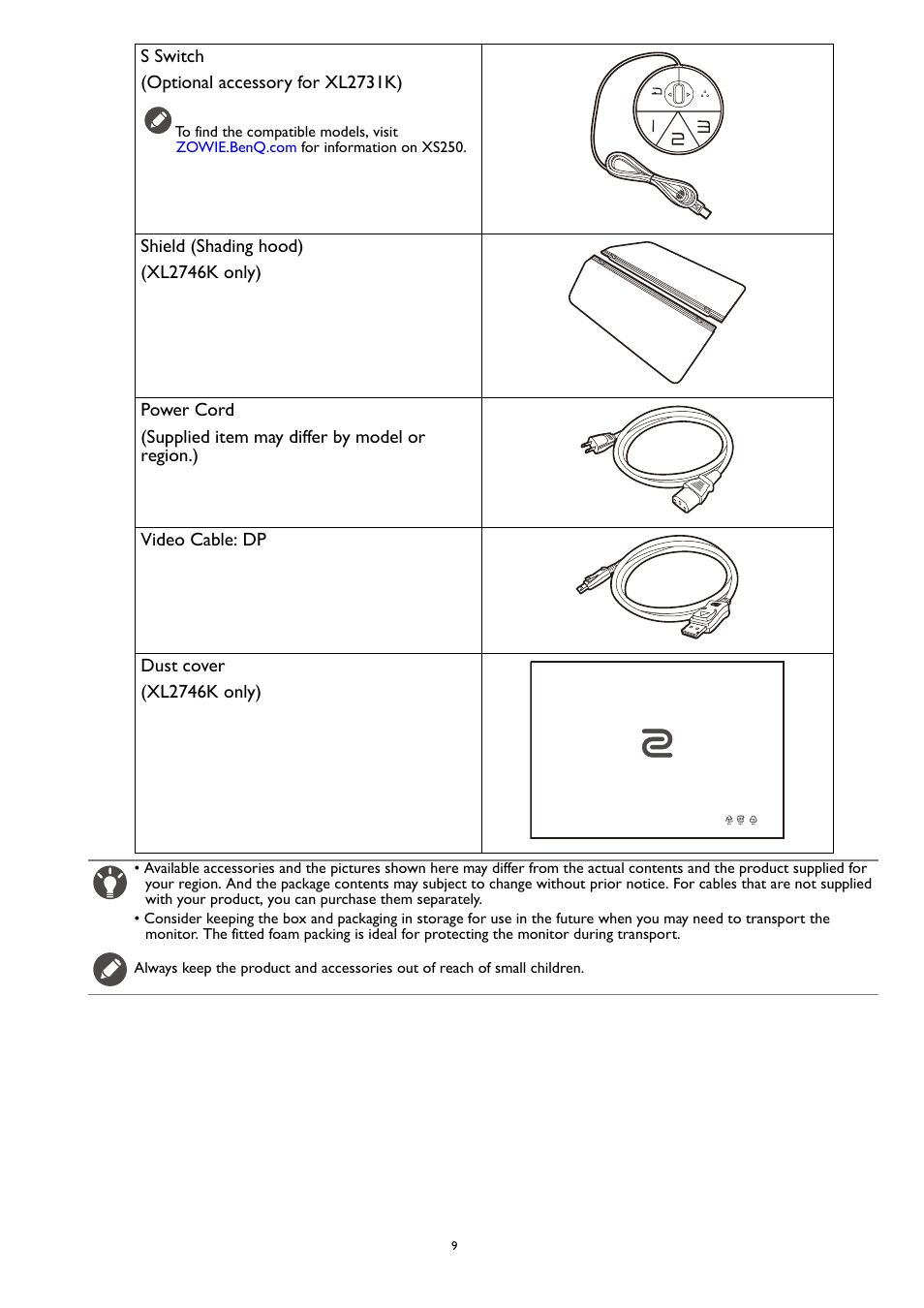 BenQ ZOWIE XL2731K 27" 16:9 165 Hz TN Gaming Monitor User Manual | Page 9 / 60