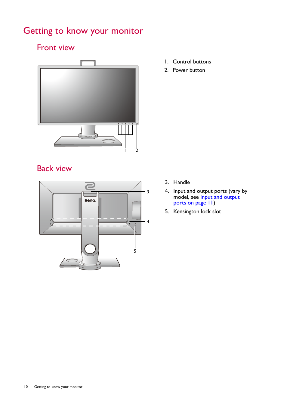 Getting to know your monitor, Front view, Back view | Front view back view | BenQ ZOWIE XL2746S 27" 16:9 240 Hz TN Gaming Monitor User Manual | Page 10 / 58